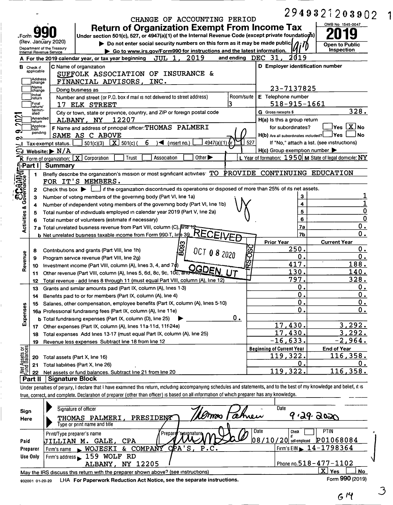 Image of first page of 2019 Form 990O for Suffolk Association of Insurance and Financial Advisors