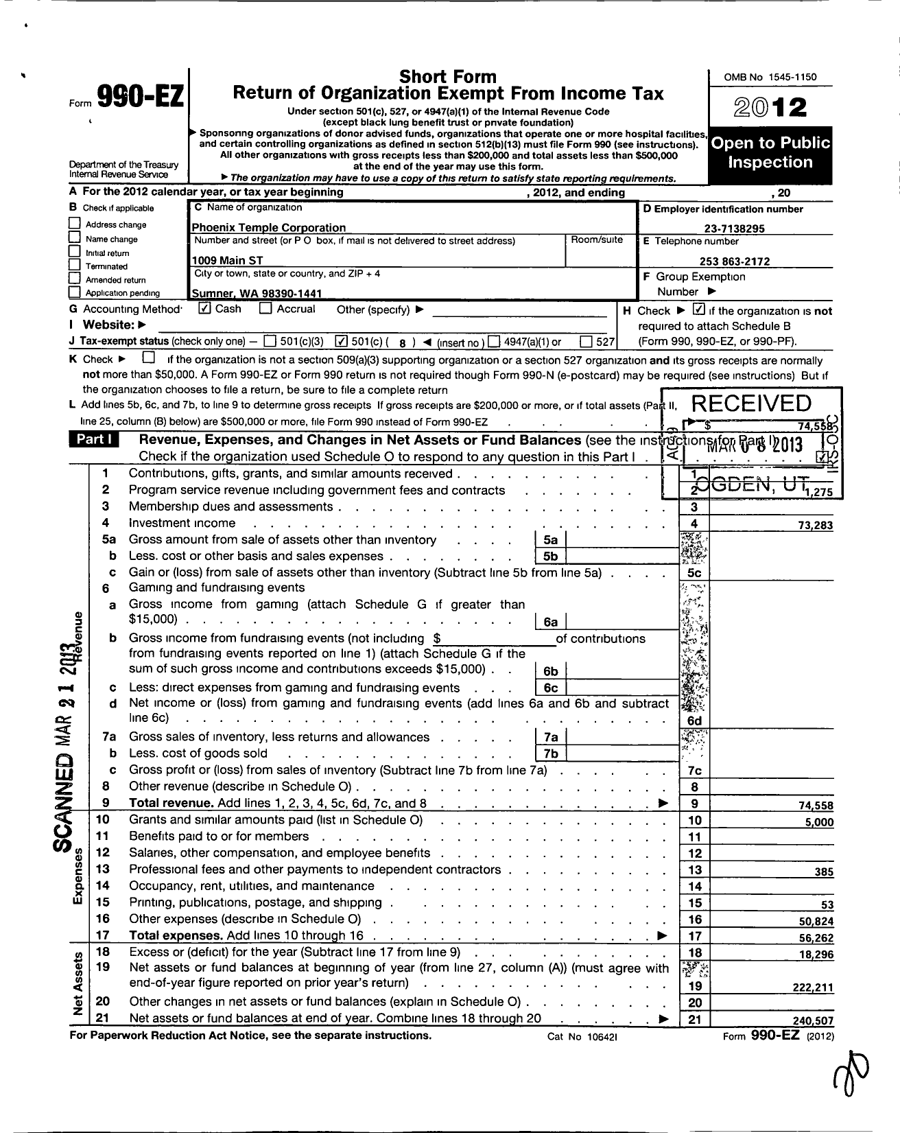 Image of first page of 2012 Form 990EO for Free and Accepted Masons of Washington - 154 Phoenix