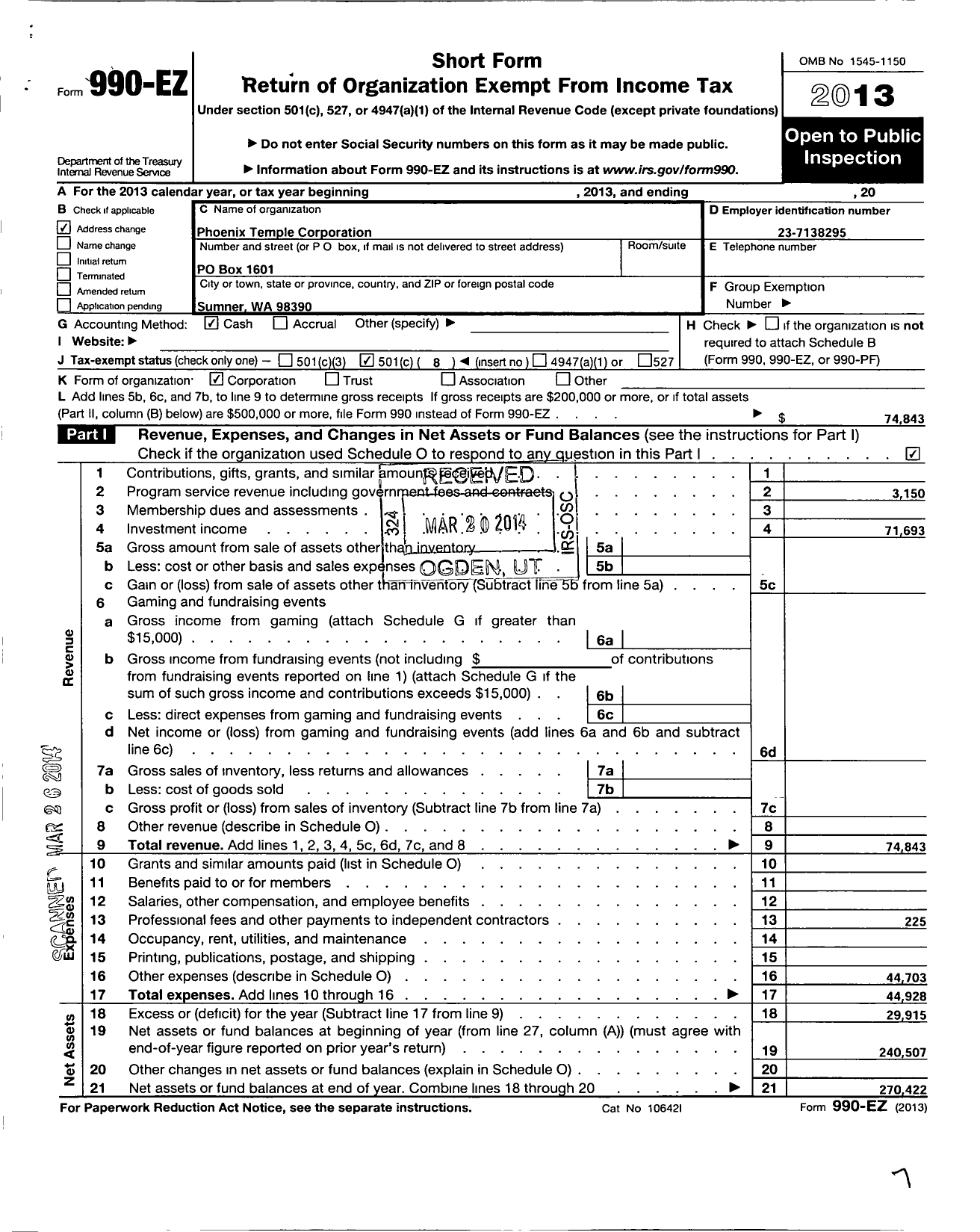 Image of first page of 2013 Form 990EO for Free and Accepted Masons of Washington - 154 Phoenix