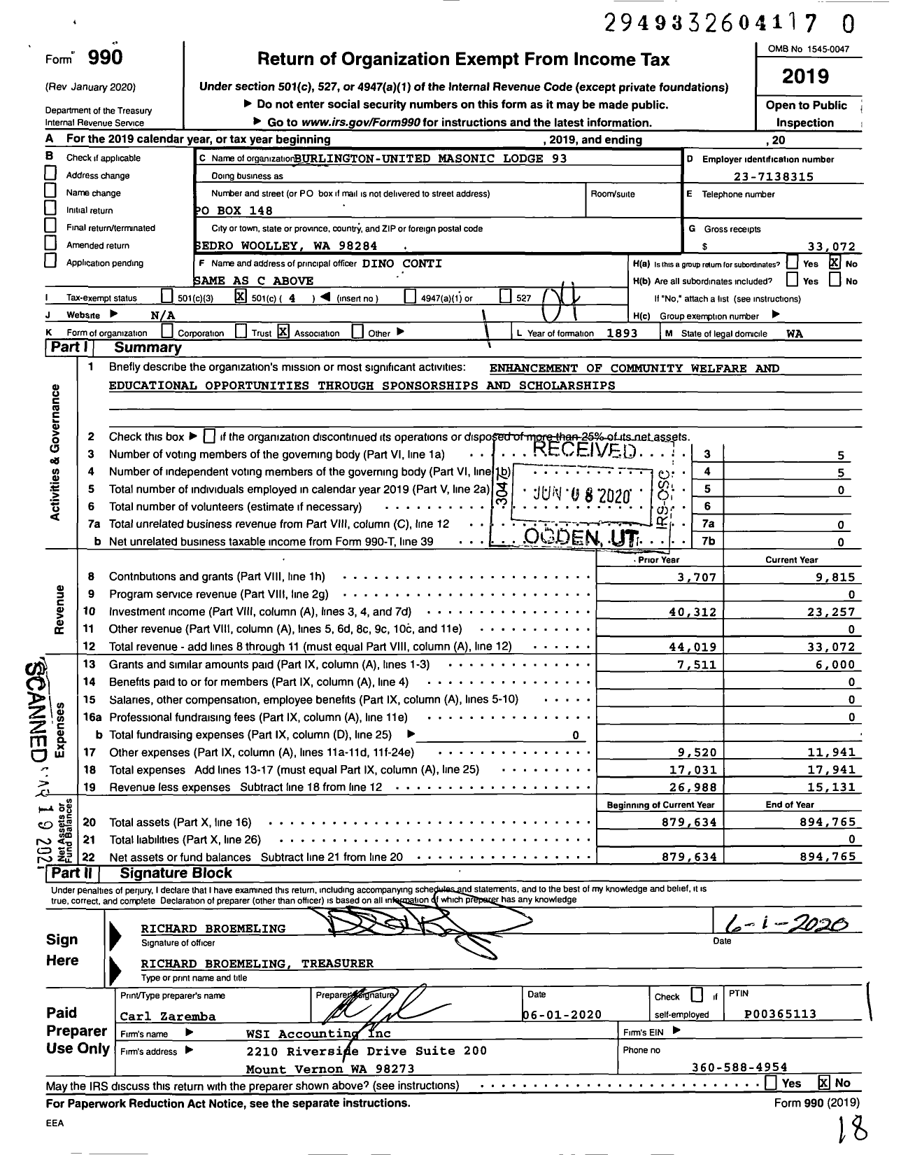 Image of first page of 2019 Form 990O for Free and Accepted Masons of Washington - 93 Burlington United Lodge