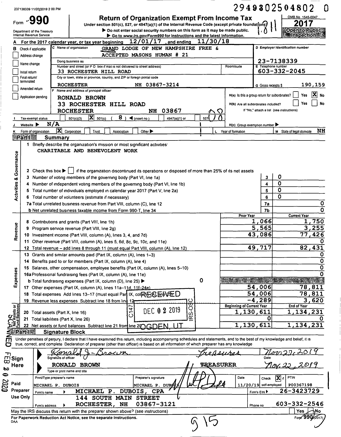 Image of first page of 2017 Form 990O for Free and Accepted Masons of New Hampshire - 21 Humane Lodge