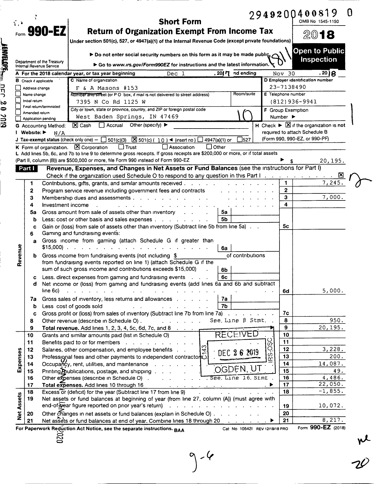 Image of first page of 2017 Form 990EO for Free & Accepted Masons of Indiana - 153 Orleans Lodge