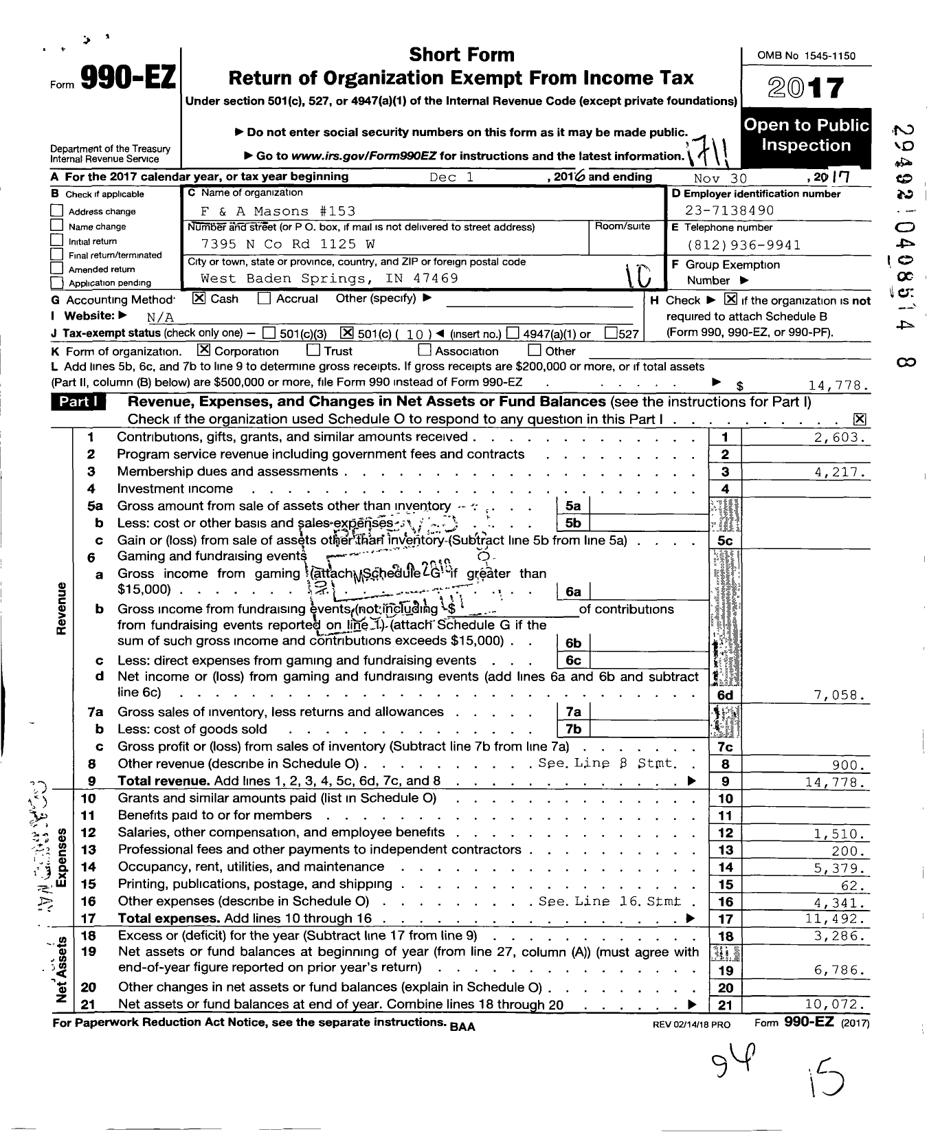 Image of first page of 2016 Form 990EO for Free & Accepted Masons of Indiana - 153 Orleans Lodge