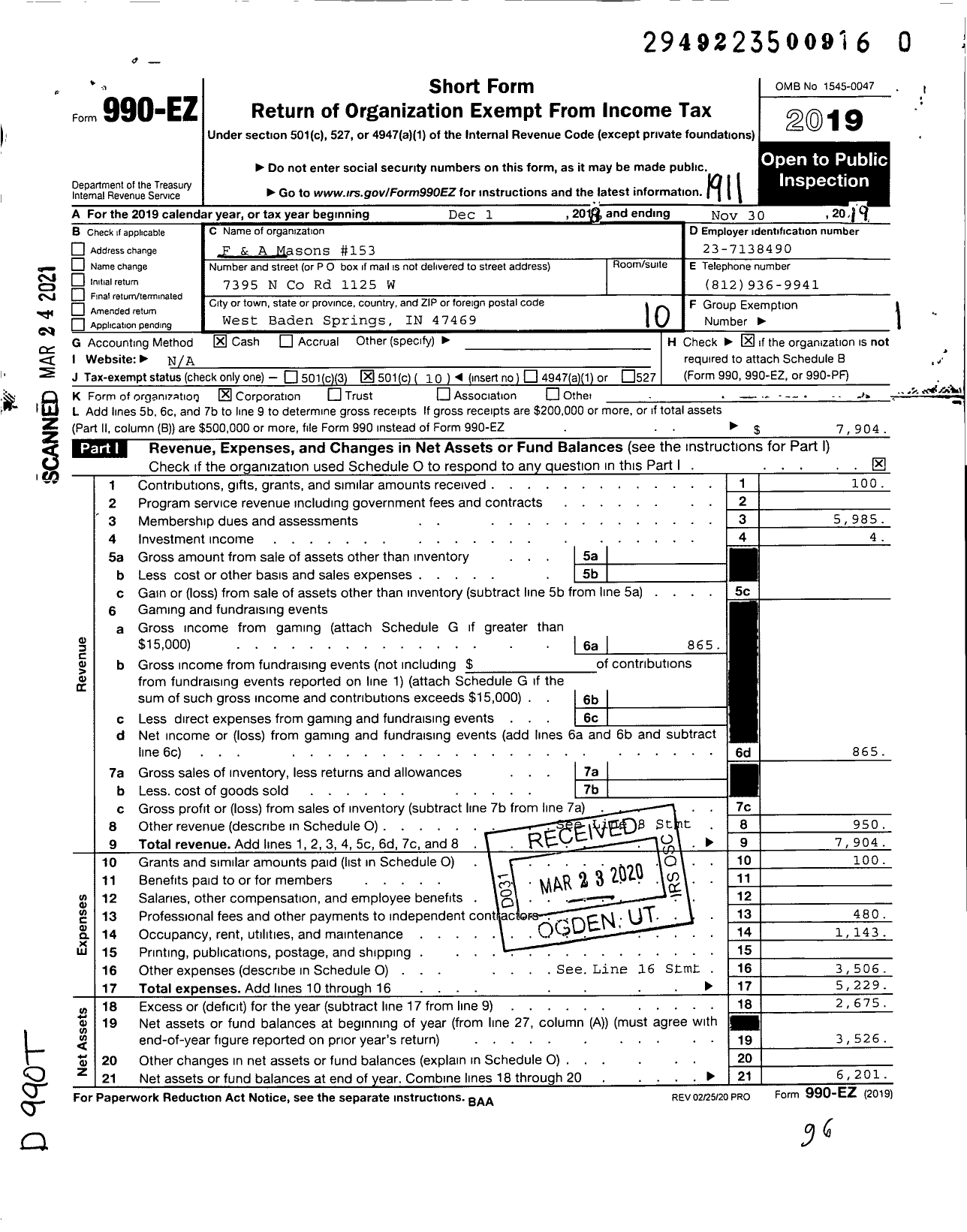 Image of first page of 2018 Form 990EO for Free & Accepted Masons of Indiana - 153 Orleans Lodge