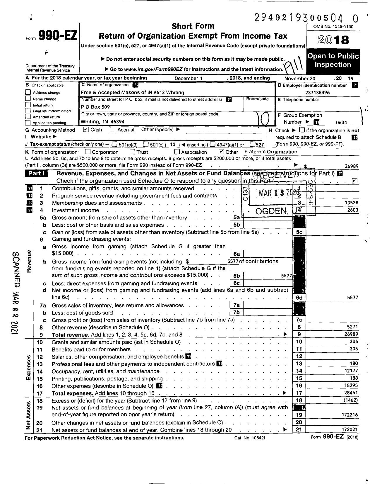 Image of first page of 2018 Form 990EO for Free & Accepted Masons of Indiana - 613 Whiting Lodge