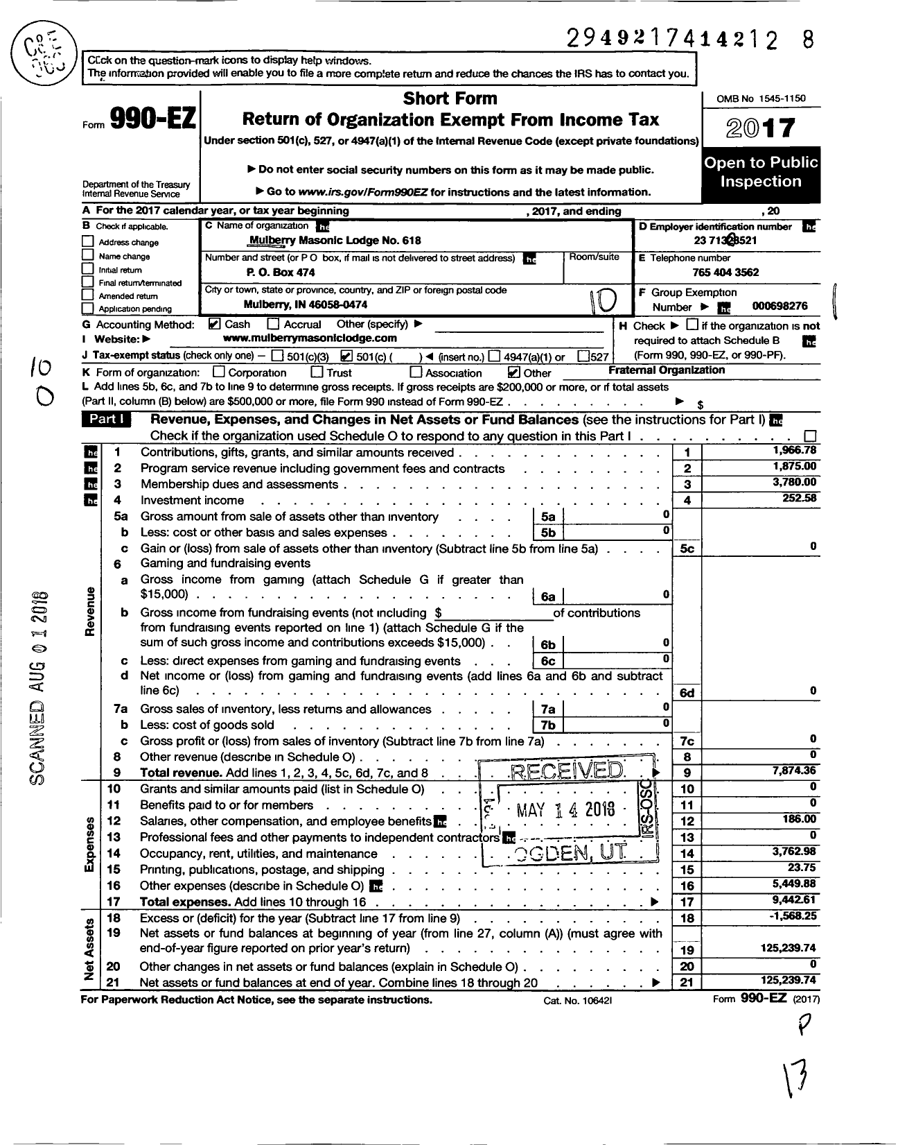 Image of first page of 2017 Form 990EO for Free & Accepted Masons of Indiana - 618 Mulberry Masonic Lodge