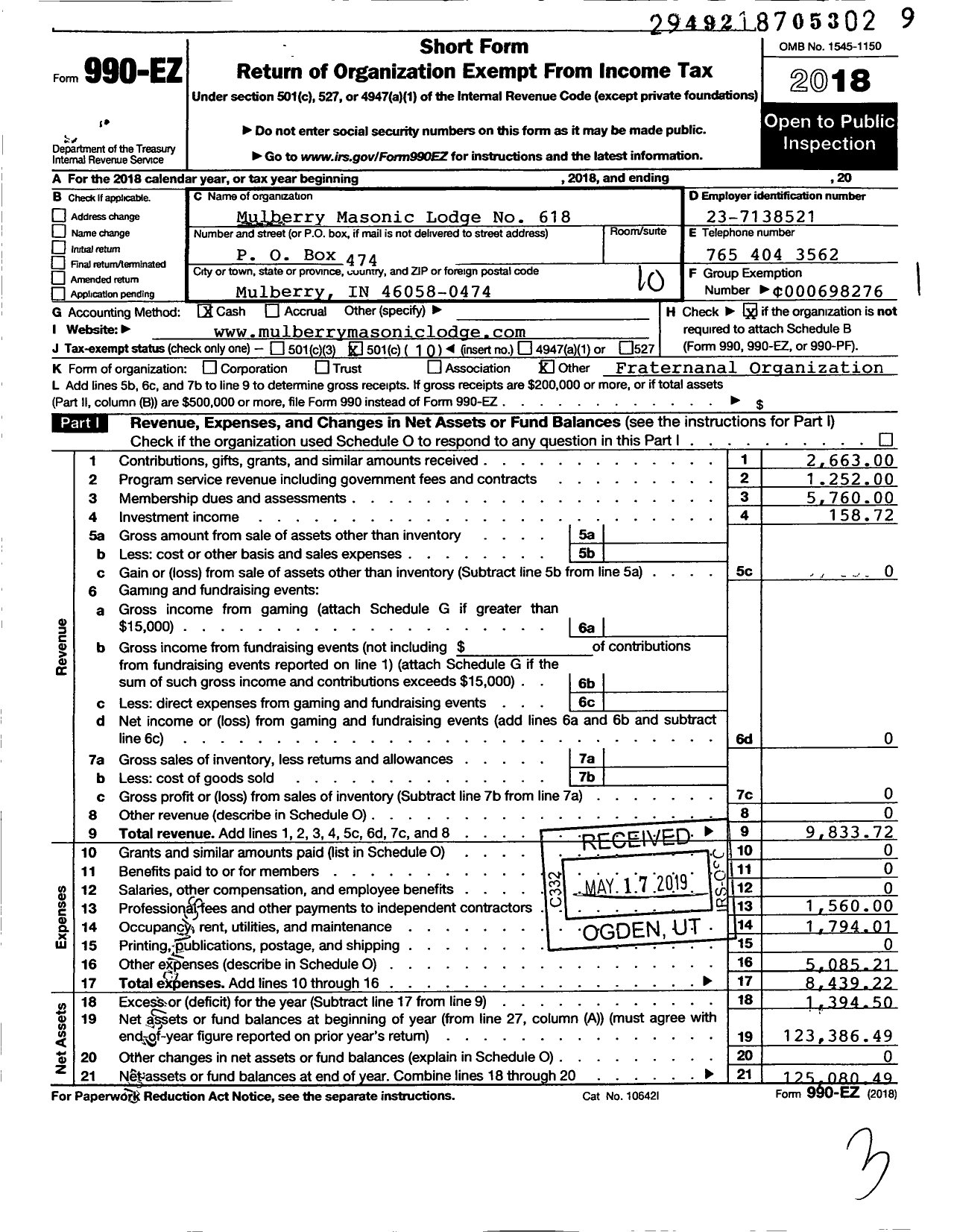 Image of first page of 2018 Form 990EO for Free & Accepted Masons of Indiana - 618 Mulberry Masonic Lodge