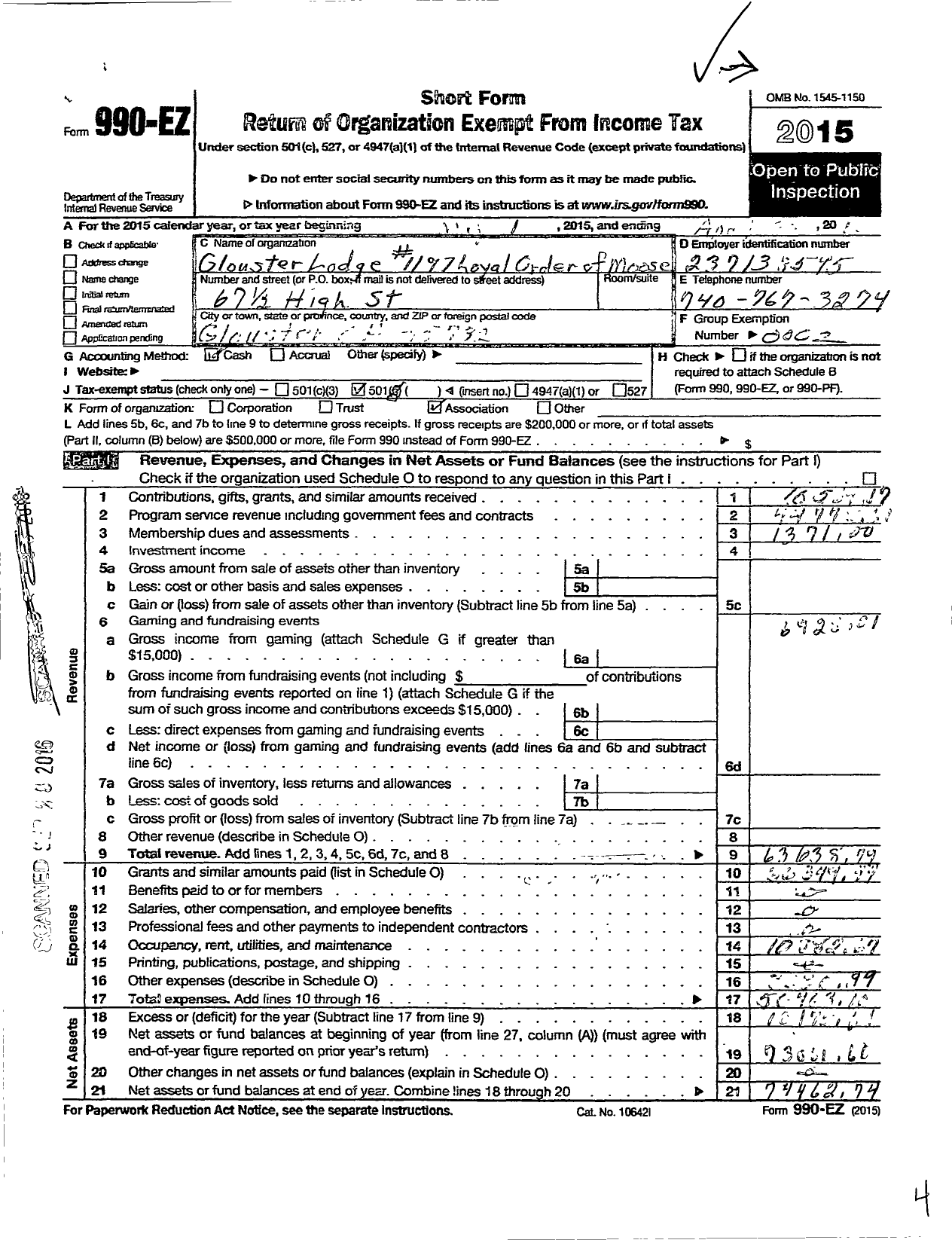 Image of first page of 2015 Form 990EO for Free & Accepted Masons of Indiana - 358 Morgantown Lodge