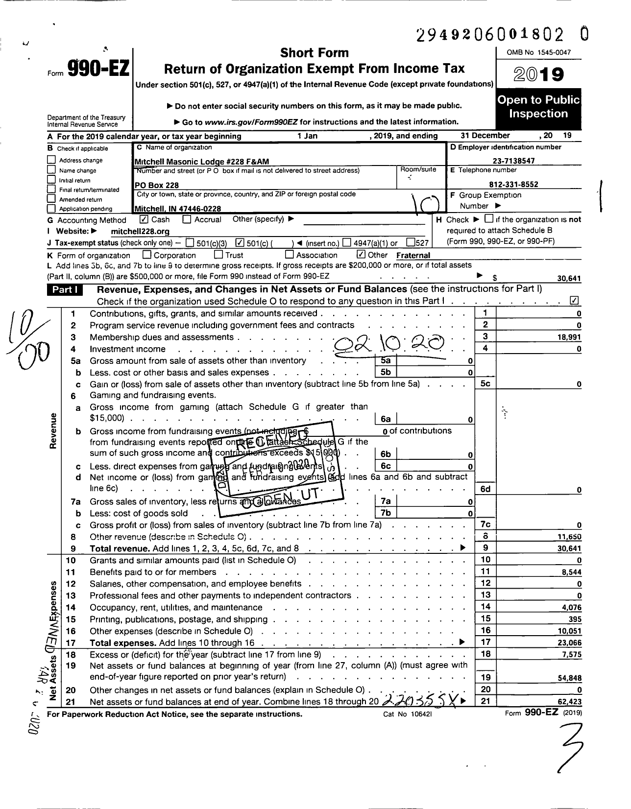 Image of first page of 2019 Form 990EO for FREE & ACCEPTED MASONS OF INDIANA - 228 Mitchell Lodge