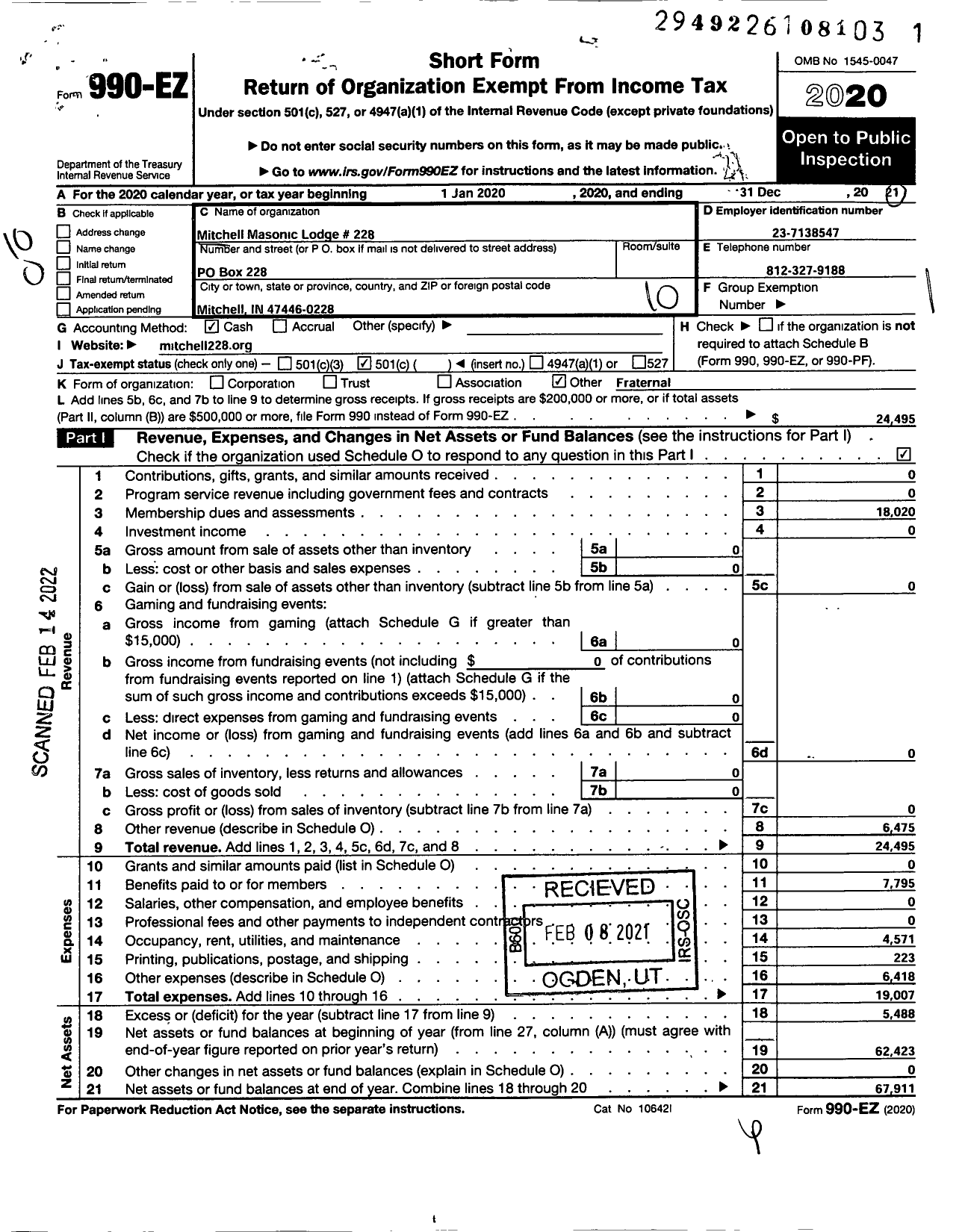 Image of first page of 2020 Form 990EO for FREE & ACCEPTED MASONS OF INDIANA - 228 Mitchell Lodge