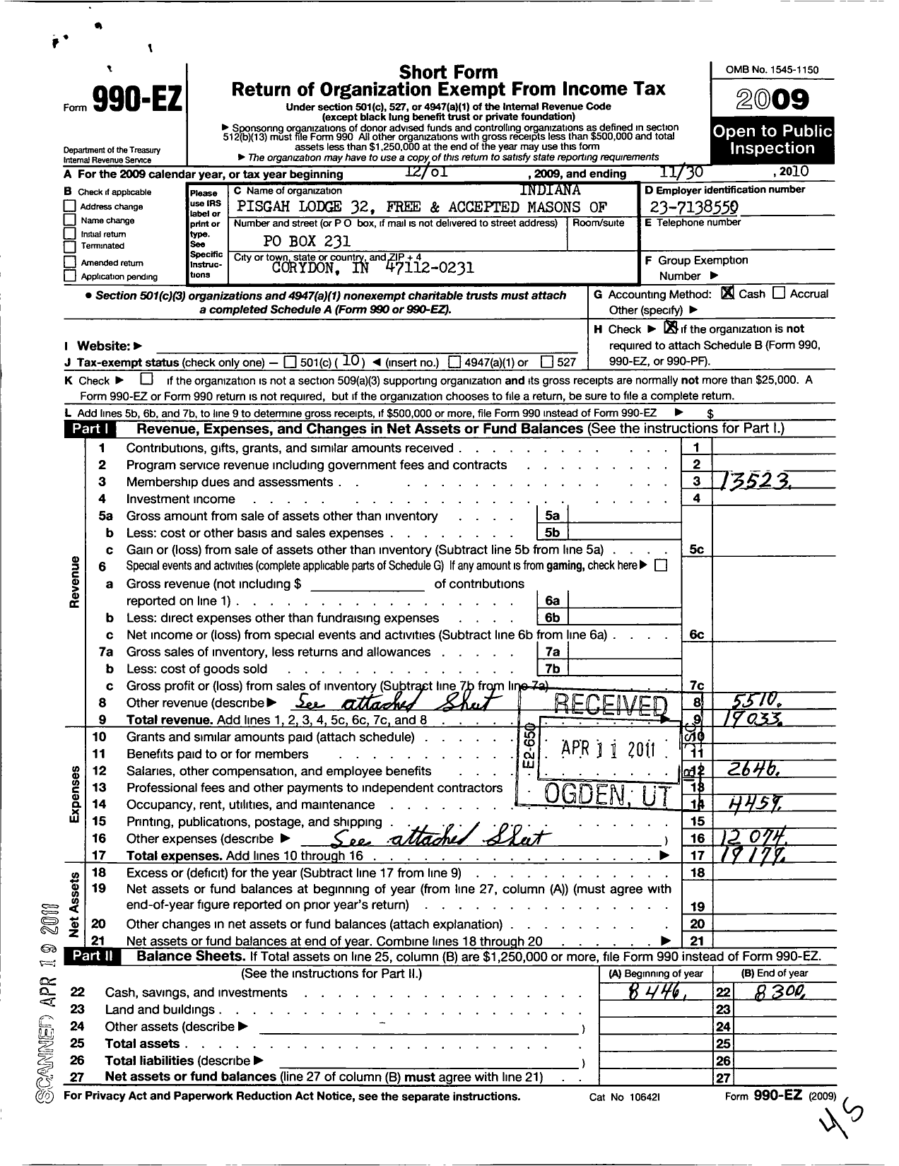 Image of first page of 2009 Form 990EO for Free & Accepted Masons of Indiana - 32 Pisgah Lodge