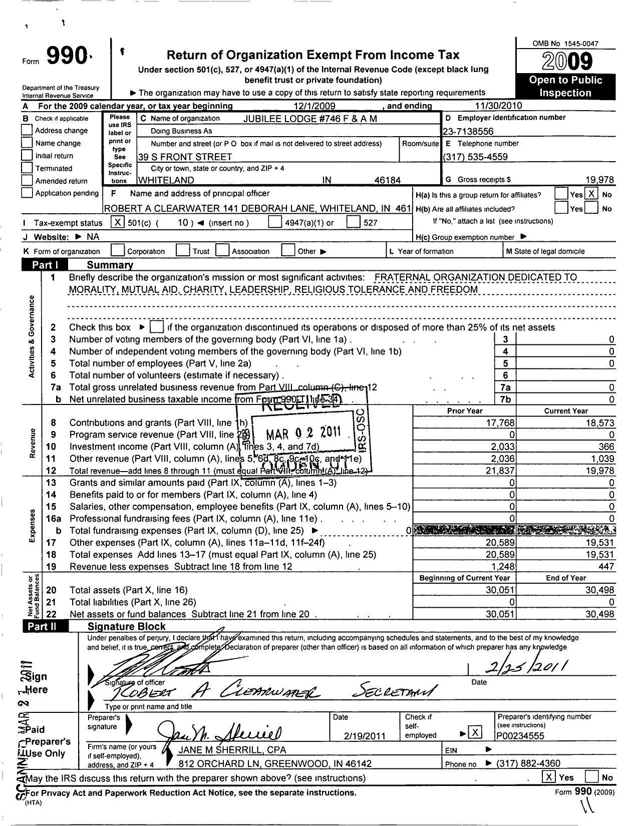 Image of first page of 2009 Form 990O for Free & Accepted Masons of Indiana - 746 Jubilee Lodge