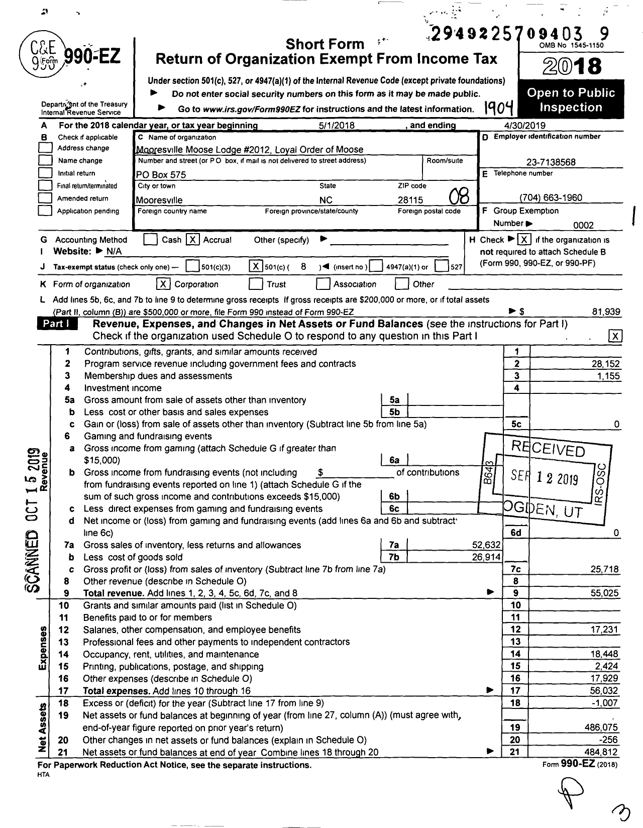 Image of first page of 2018 Form 990EO for Loyal Order of Moose - 2012