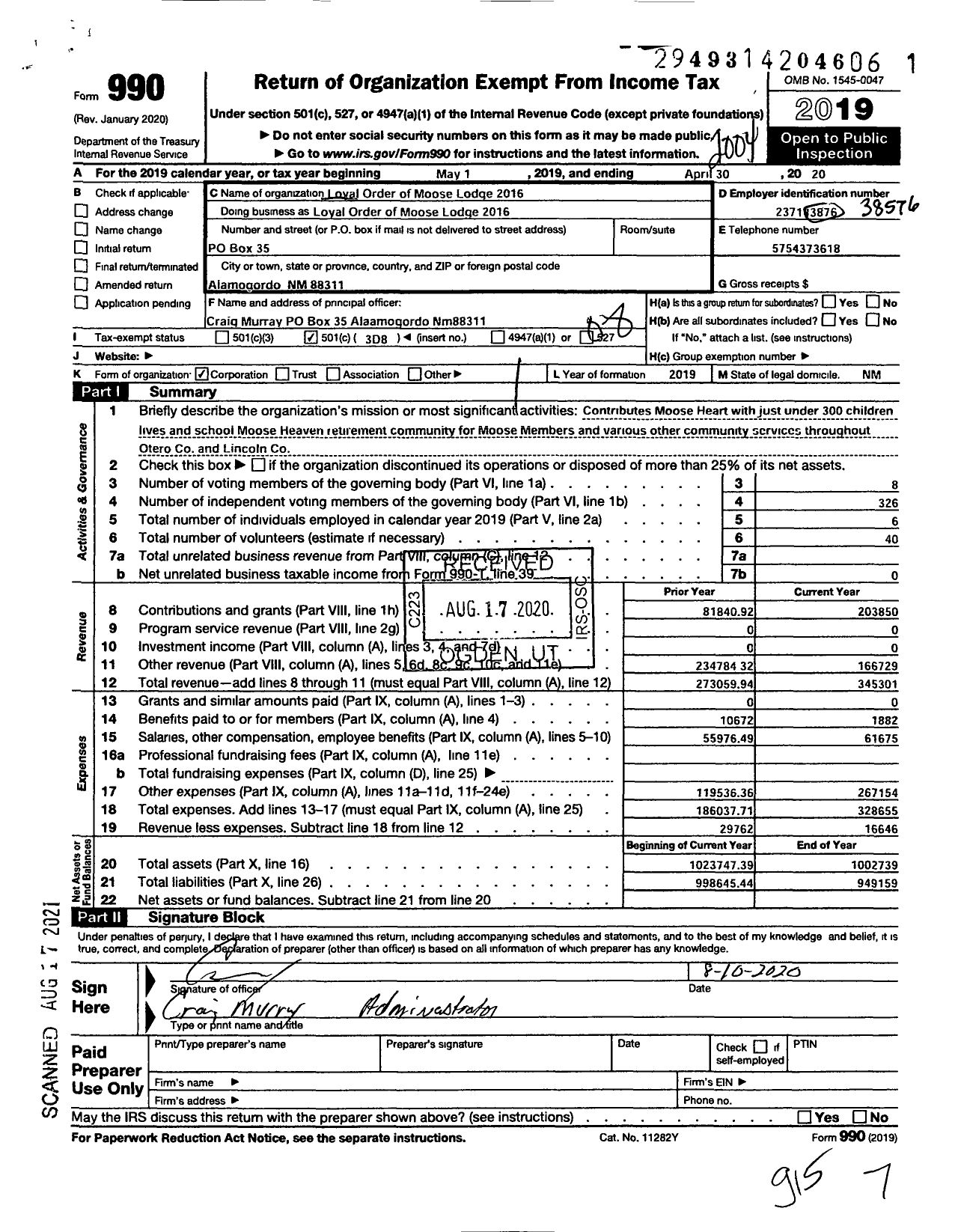 Image of first page of 2019 Form 990O for Loyal Order of Moose - 2016