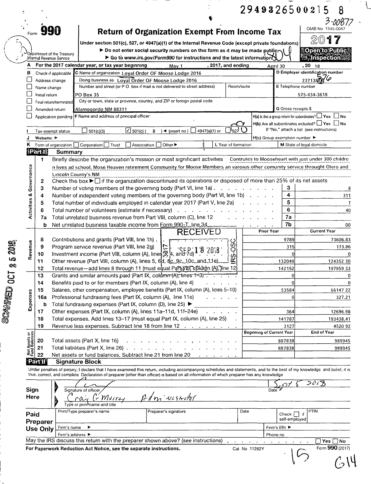 Image of first page of 2017 Form 990O for Loyal Order of Moose - 2016