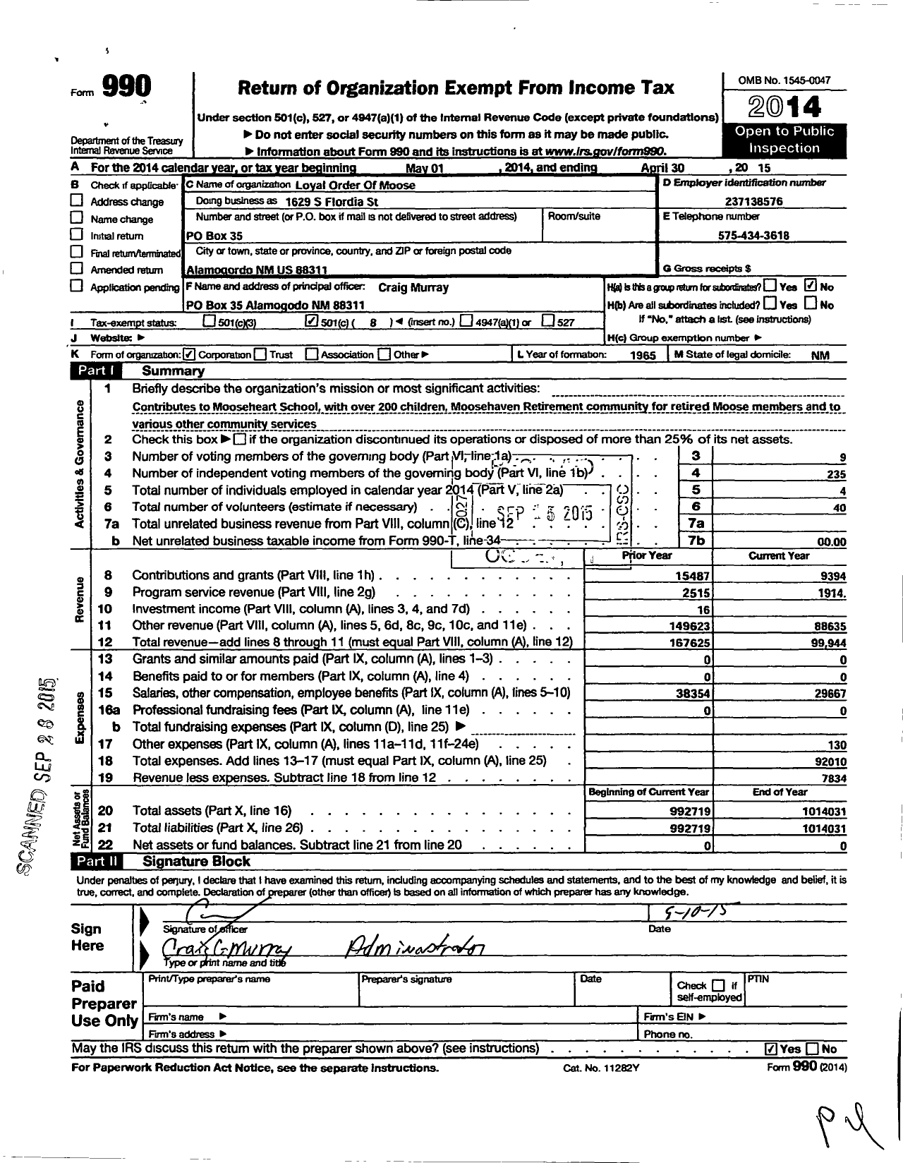 Image of first page of 2014 Form 990O for Loyal Order of Moose - 2016
