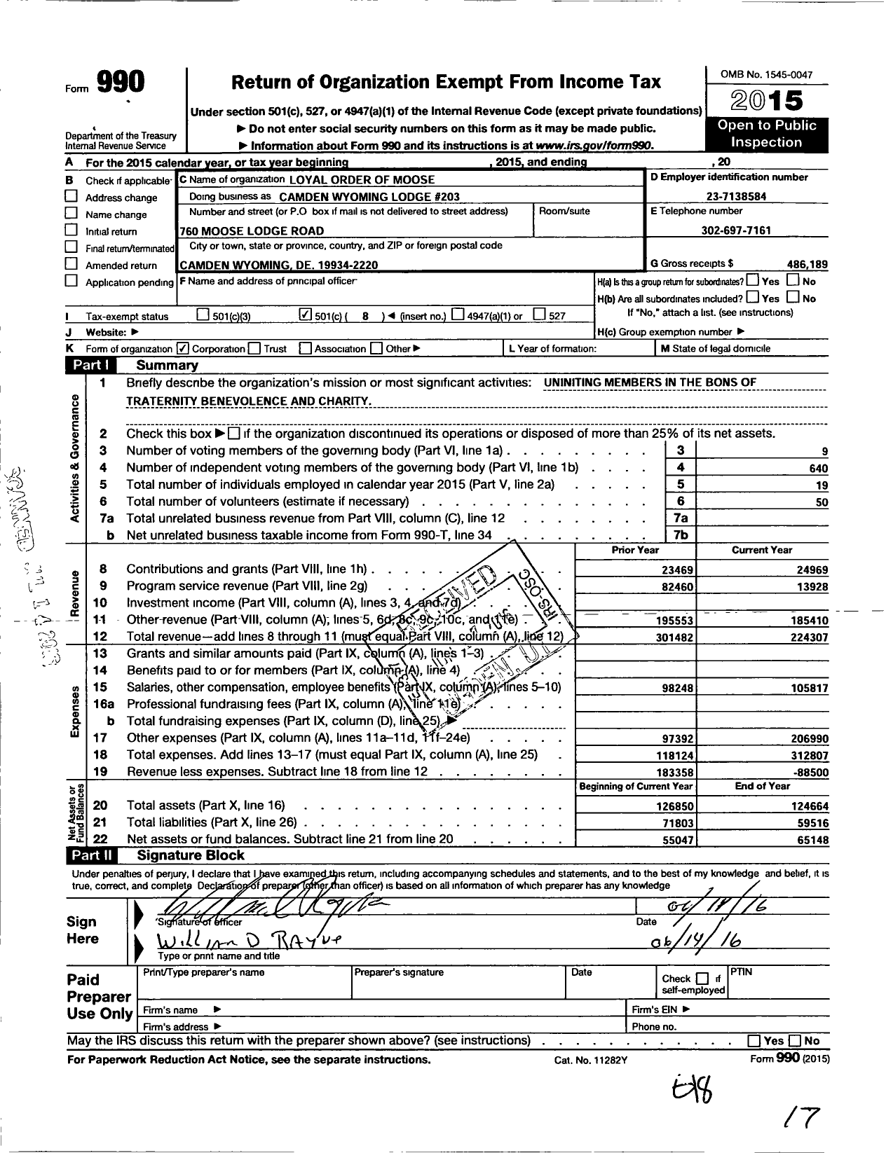 Image of first page of 2015 Form 990O for Loyal Order of Moose
