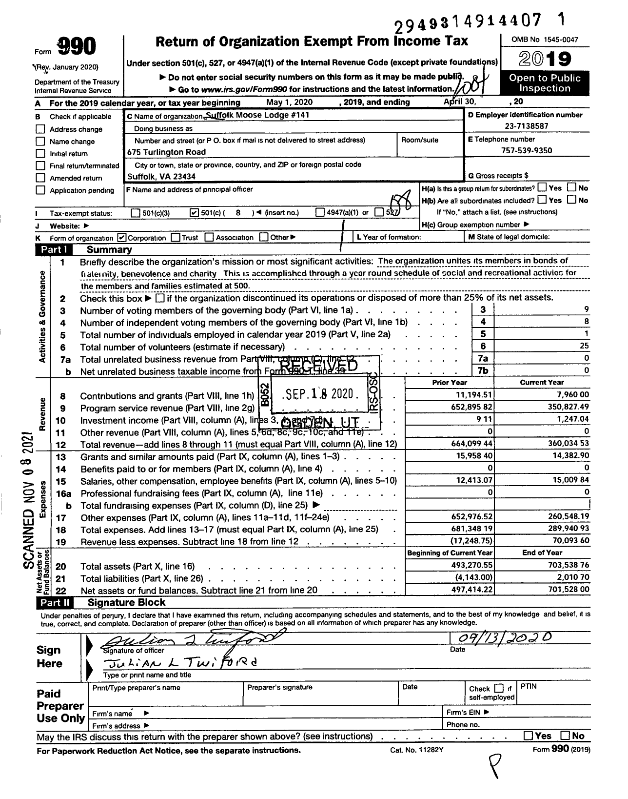Image of first page of 2019 Form 990O for Loyal Order of Moose - 141