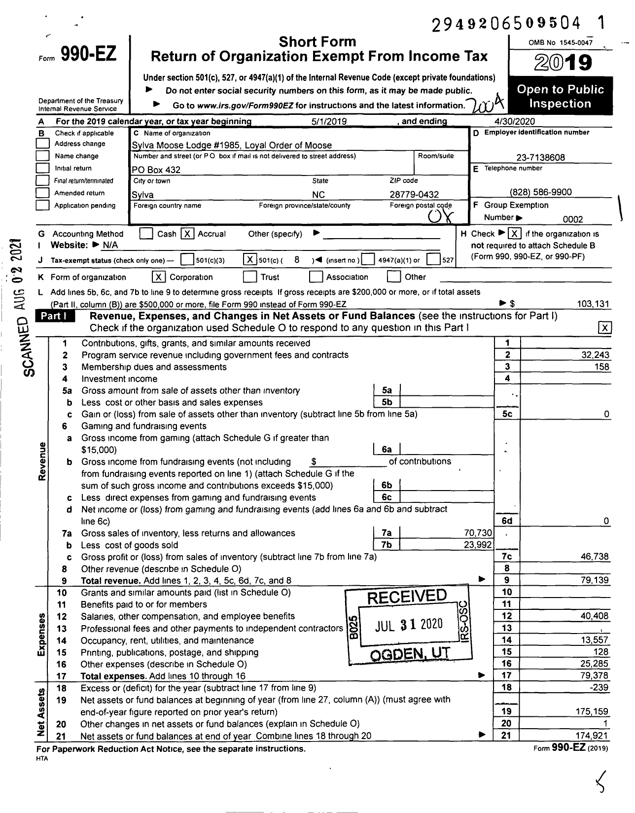 Image of first page of 2019 Form 990EO for Loyal Order of Moose - 1985