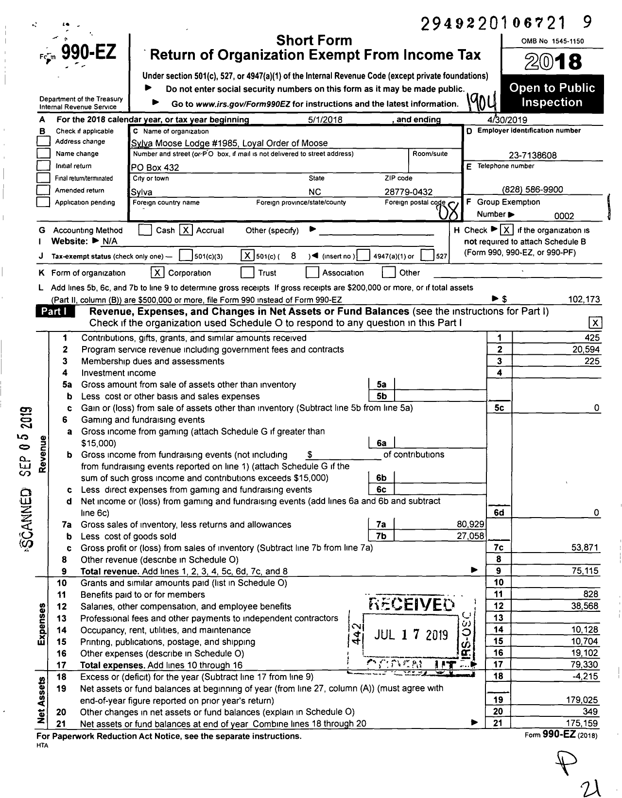 Image of first page of 2018 Form 990EO for Loyal Order of Moose - 1985