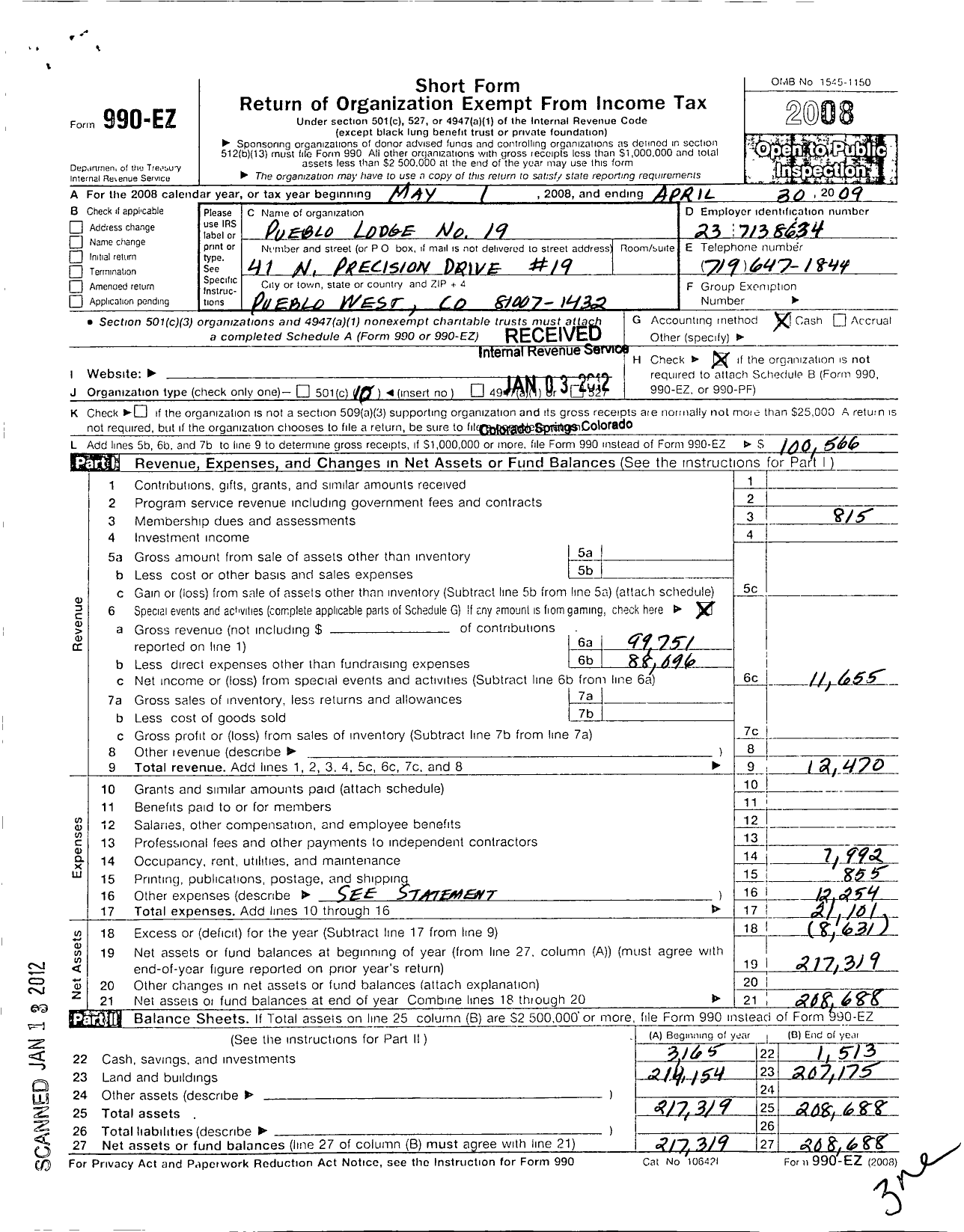 Image of first page of 2008 Form 990EO for Pueblo Lodge No 19