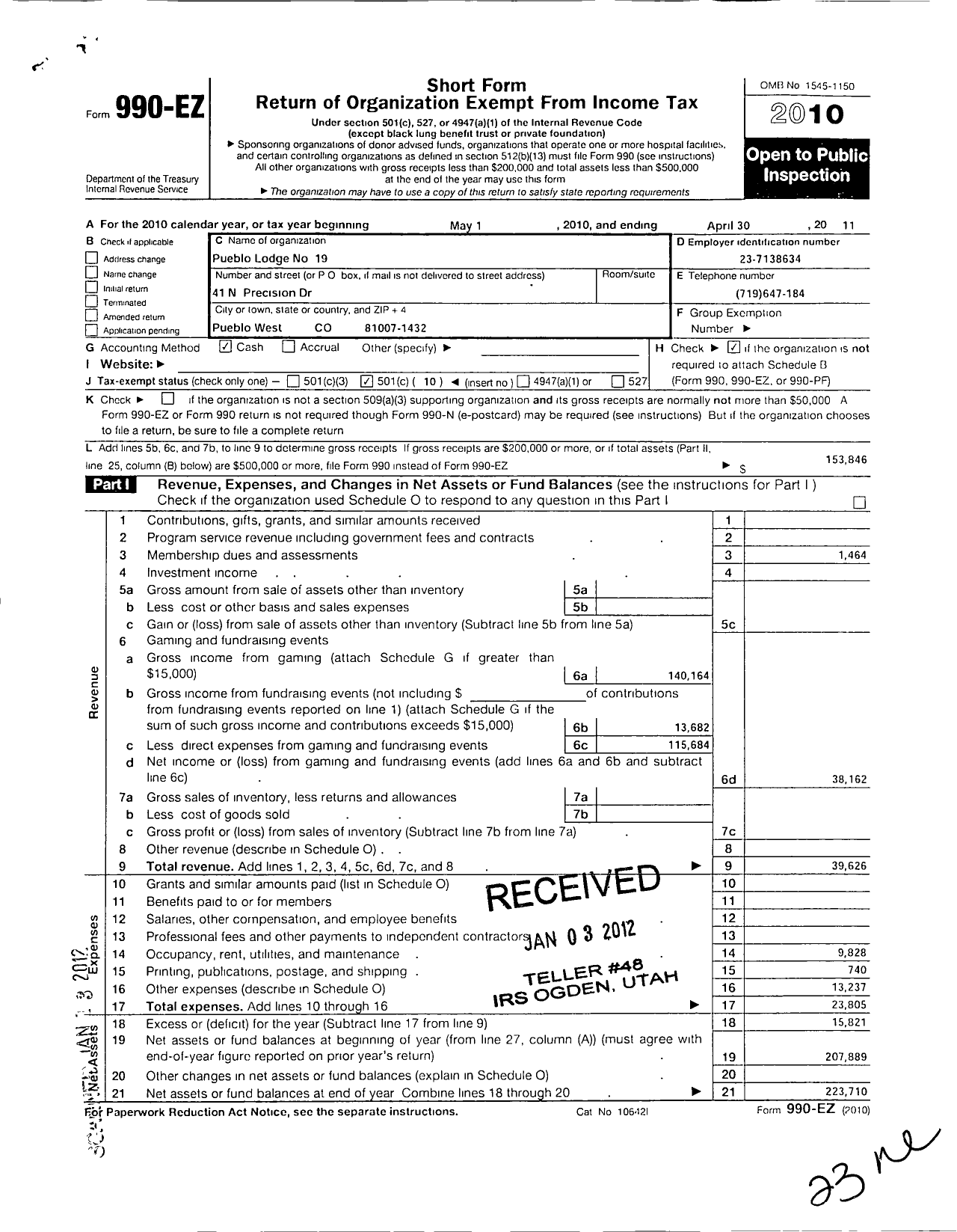 Image of first page of 2010 Form 990EO for Pueblo Lodge No 19