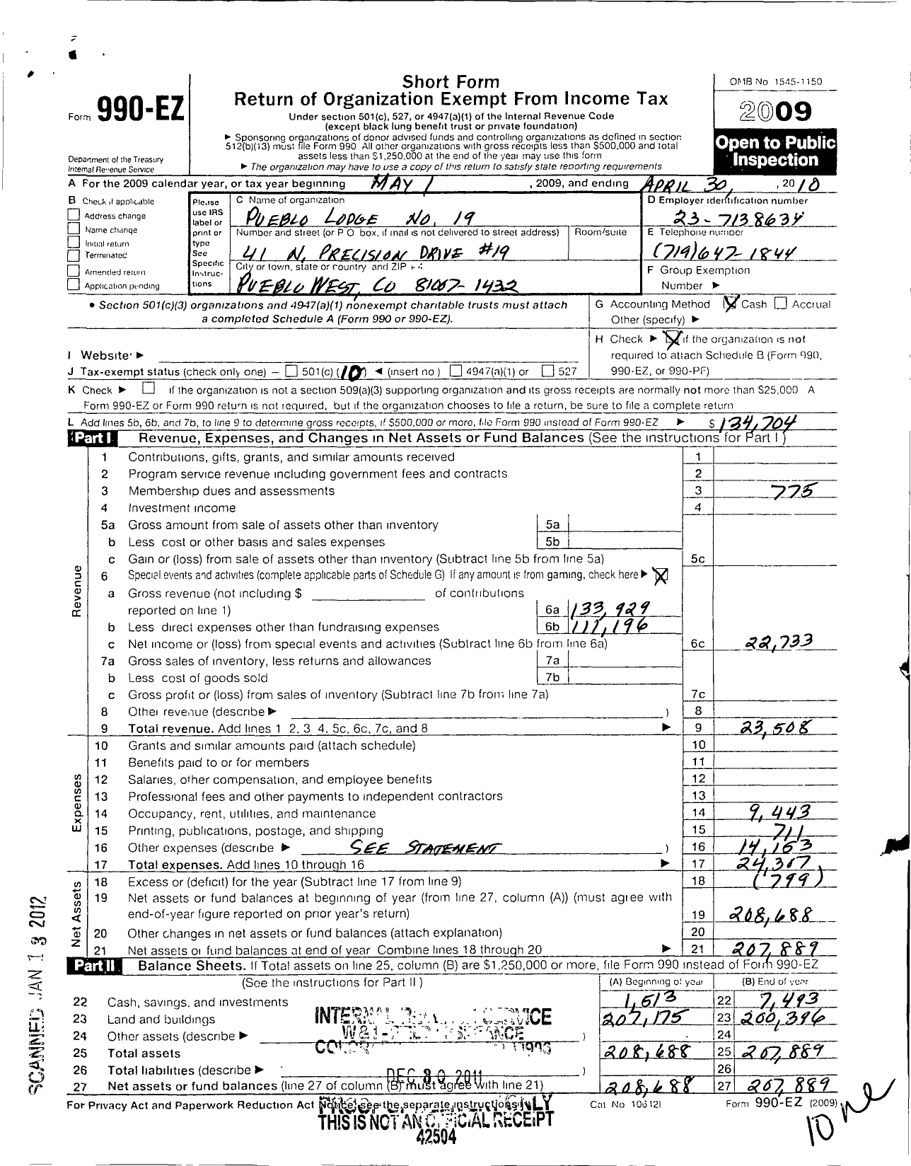 Image of first page of 2009 Form 990EO for Pueblo Lodge No 19