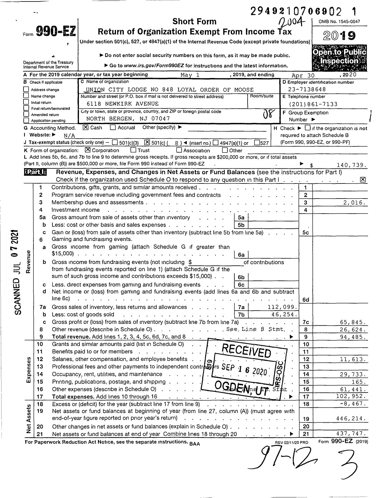 Image of first page of 2019 Form 990EO for Loyal Order of Moose - 848