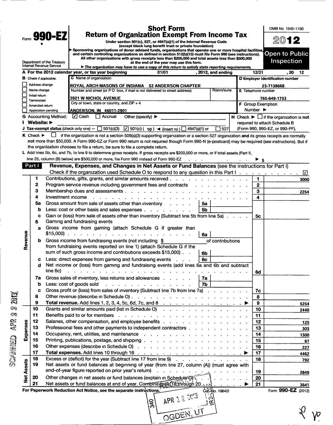 Image of first page of 2012 Form 990EO for Royal Arch Masons of Indiana / 52 Anderson Chapter