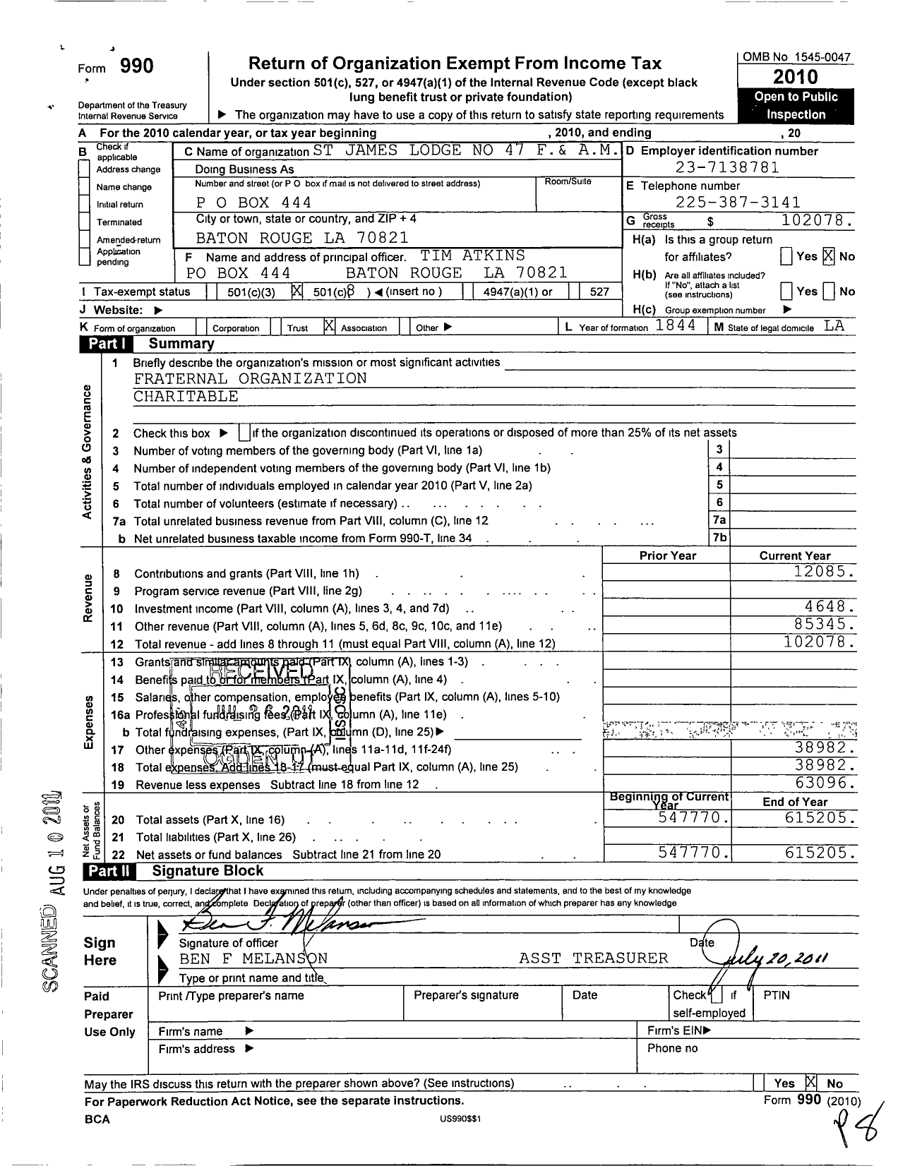 Image of first page of 2010 Form 990O for Free and Accepted Masons of Louisiana Grand Lodge - 47 St James Lodge