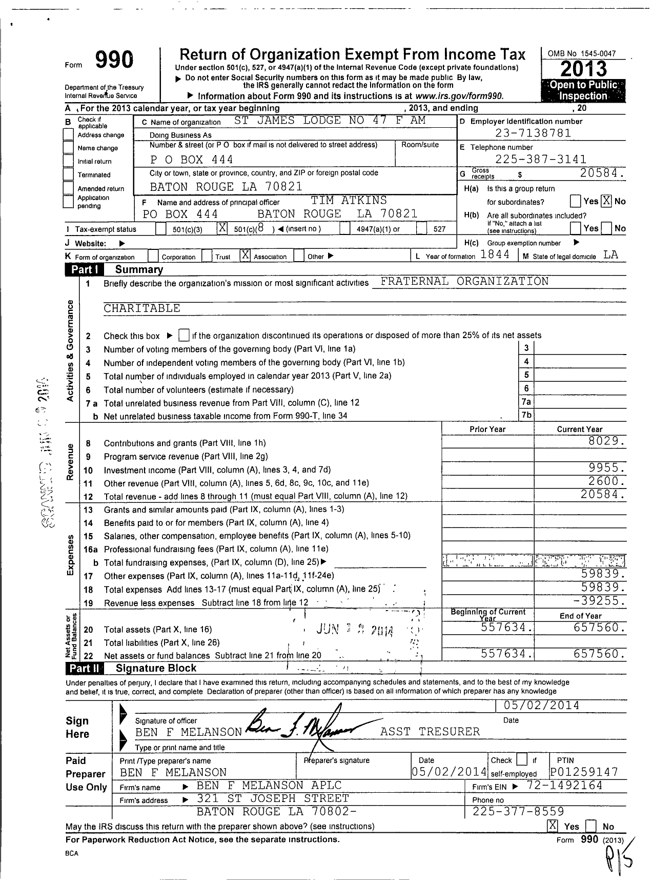 Image of first page of 2013 Form 990O for Free and Accepted Masons of Louisiana Grand Lodge - St James Lodge No 47 F Am