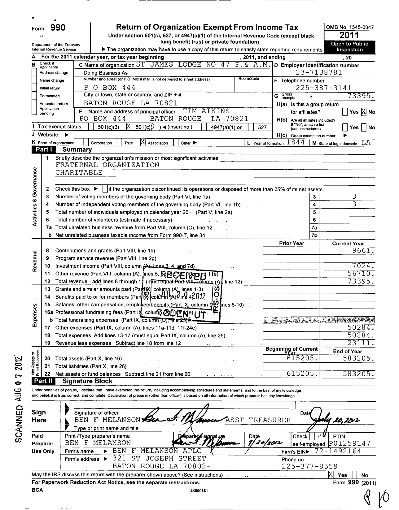 Image of first page of 2011 Form 990O for Free and Accepted Masons of Louisiana Grand Lodge - St James Lodge No 47 F Am