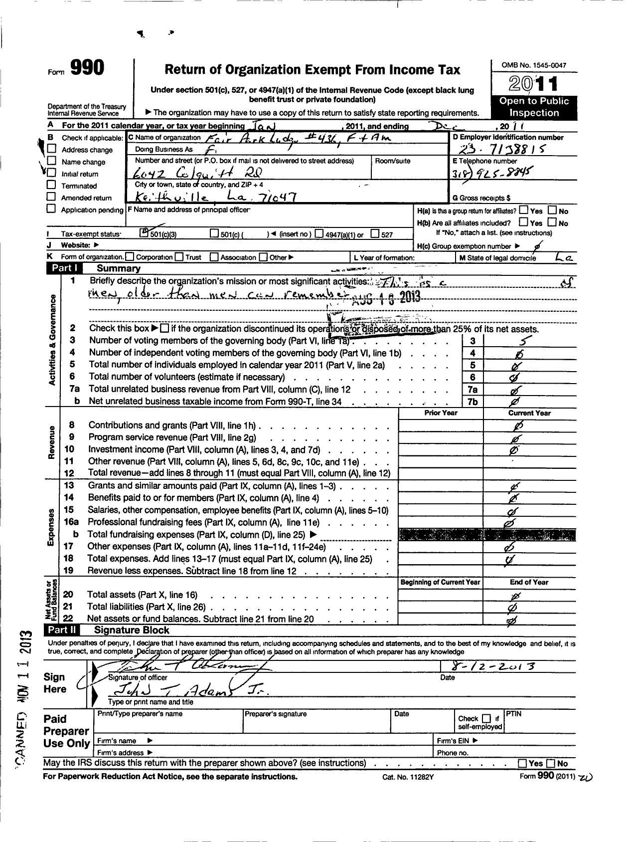 Image of first page of 2011 Form 990 for Free and Accepted Masons of Louisiana Grand Lodge - 436 Fair Park Lodge