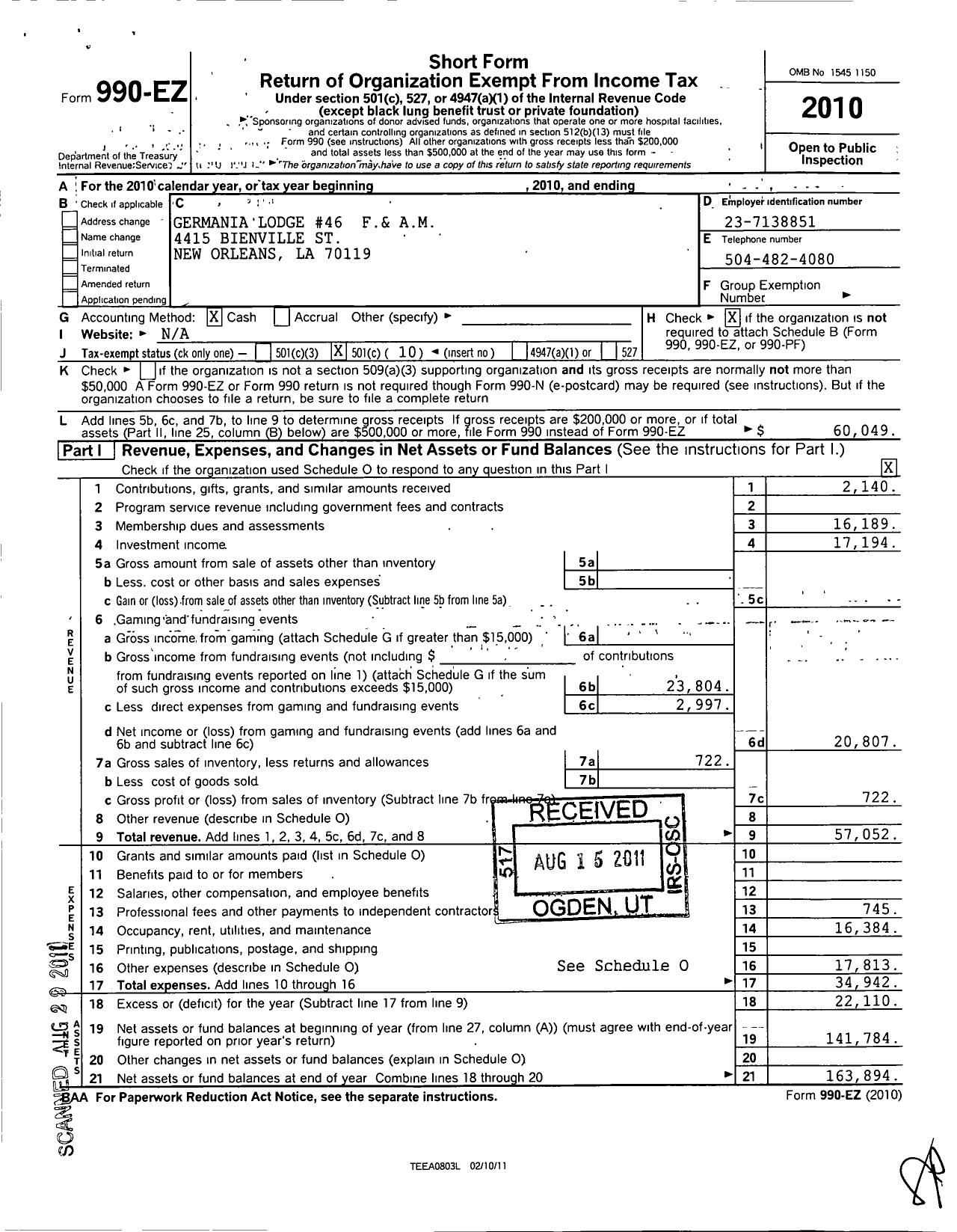 Image of first page of 2010 Form 990EO for Free and Accepted Masons of Louisiana Grand Lodge - 46 Germania Lodge