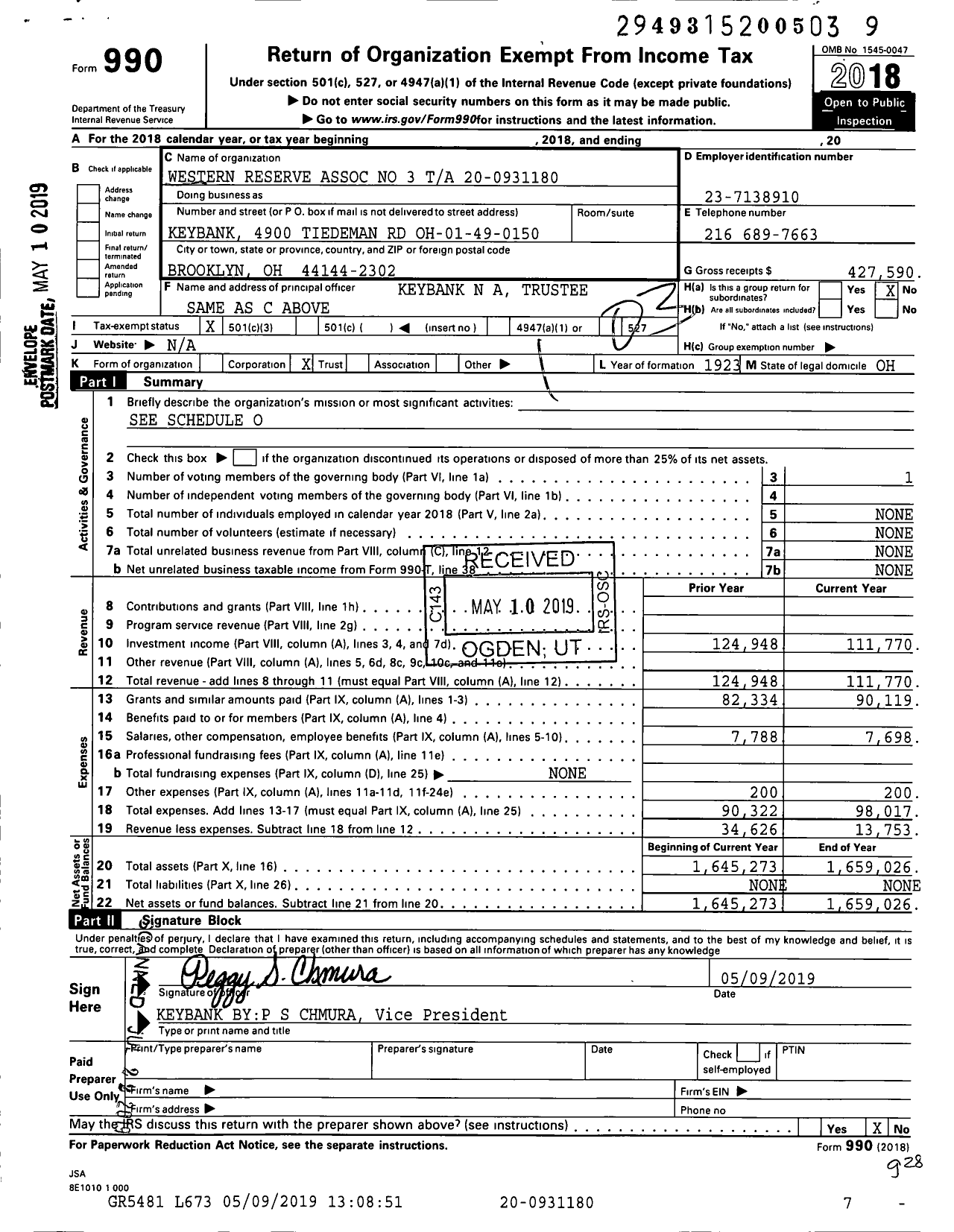 Image of first page of 2018 Form 990 for Western Reserve Association No 3 Ta