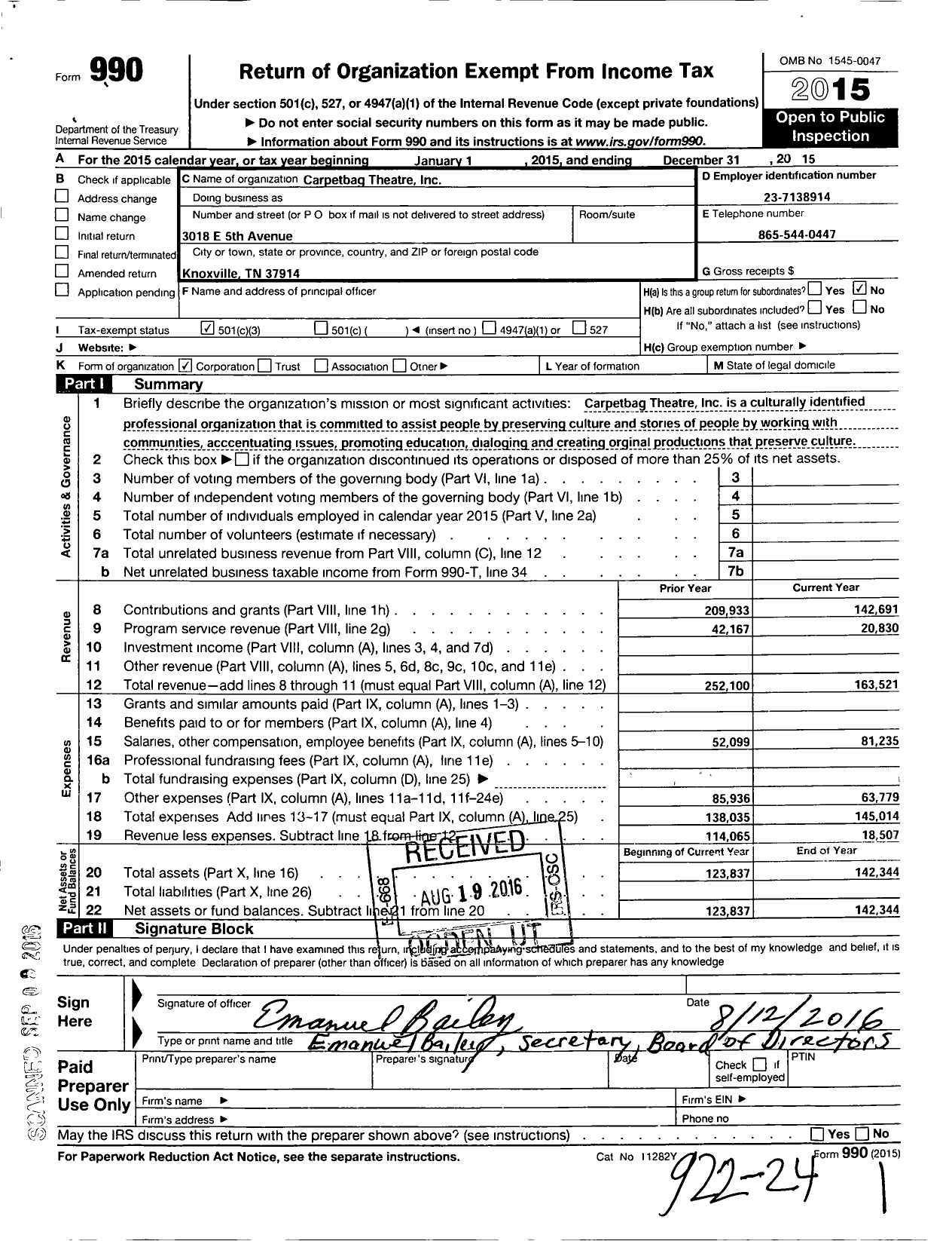 Image of first page of 2015 Form 990 for Carpetbag Theatre