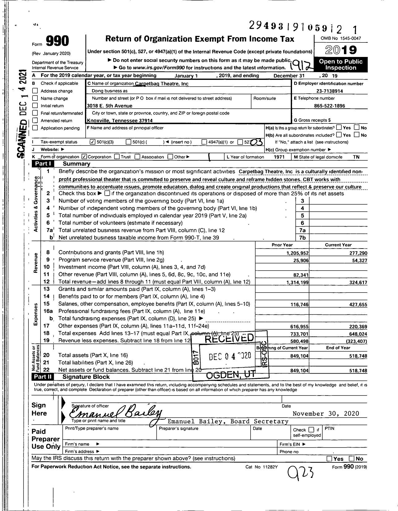 Image of first page of 2019 Form 990 for Carpetbag Theatre