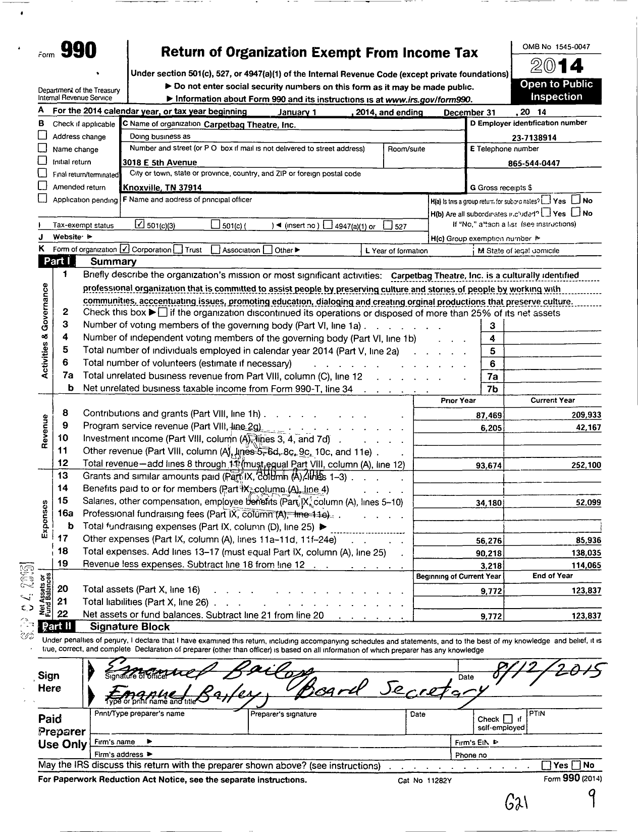 Image of first page of 2014 Form 990 for Carpetbag Theatre