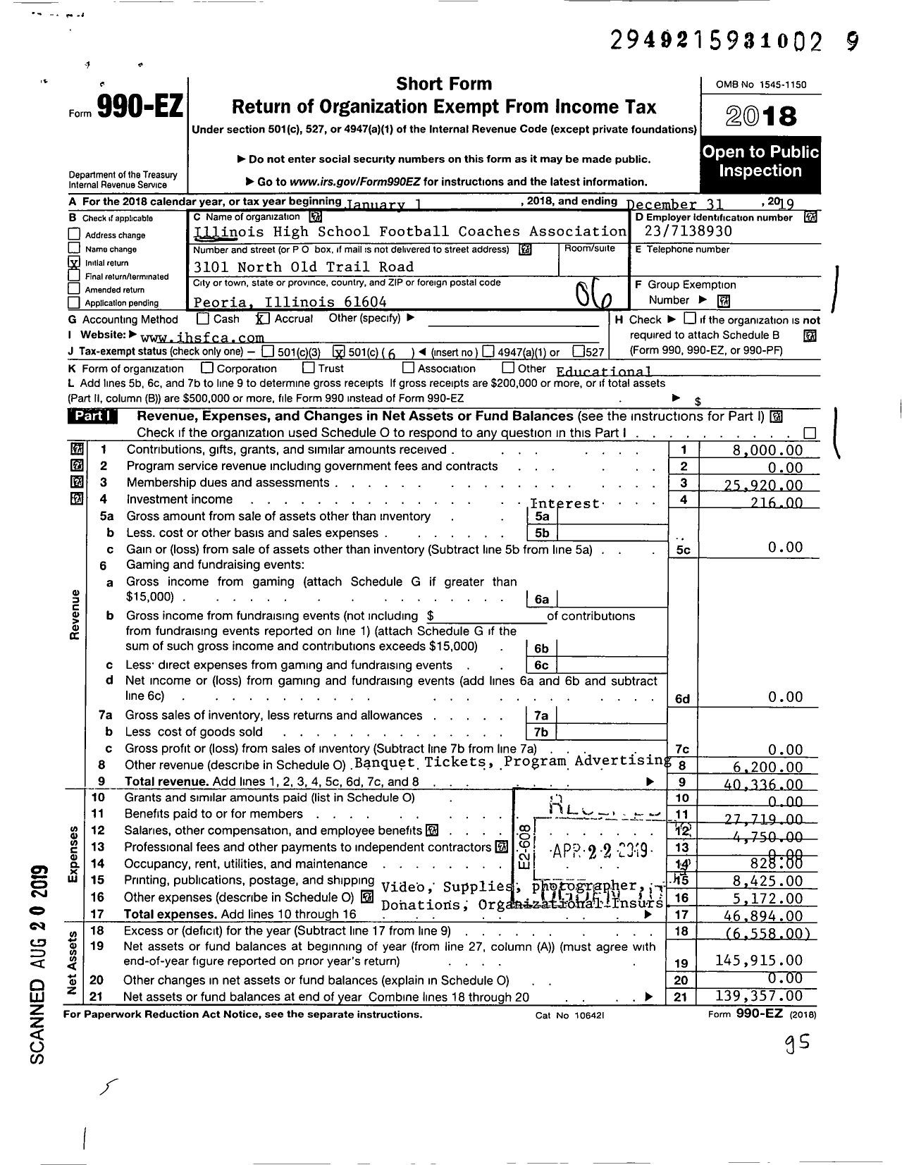 Image of first page of 2019 Form 990EO for Illinois High School Football Coaches Association