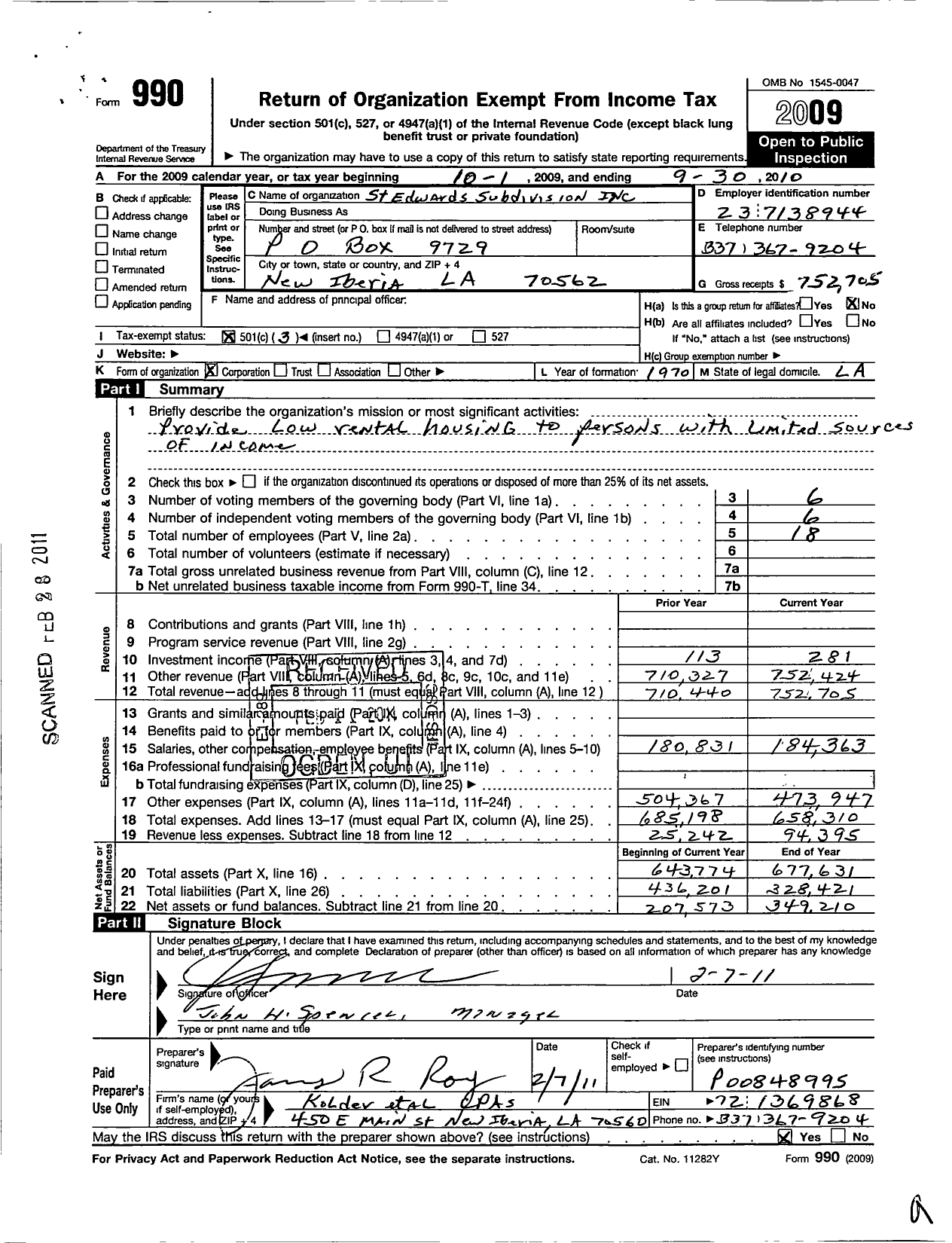 Image of first page of 2009 Form 990 for St Edwards Subdivision
