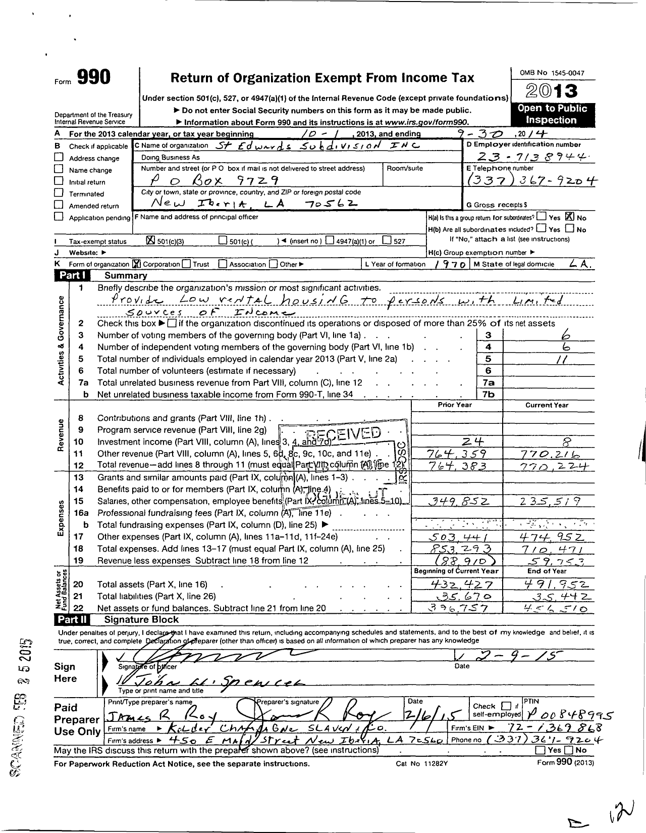 Image of first page of 2013 Form 990 for St Edwards Subdivision