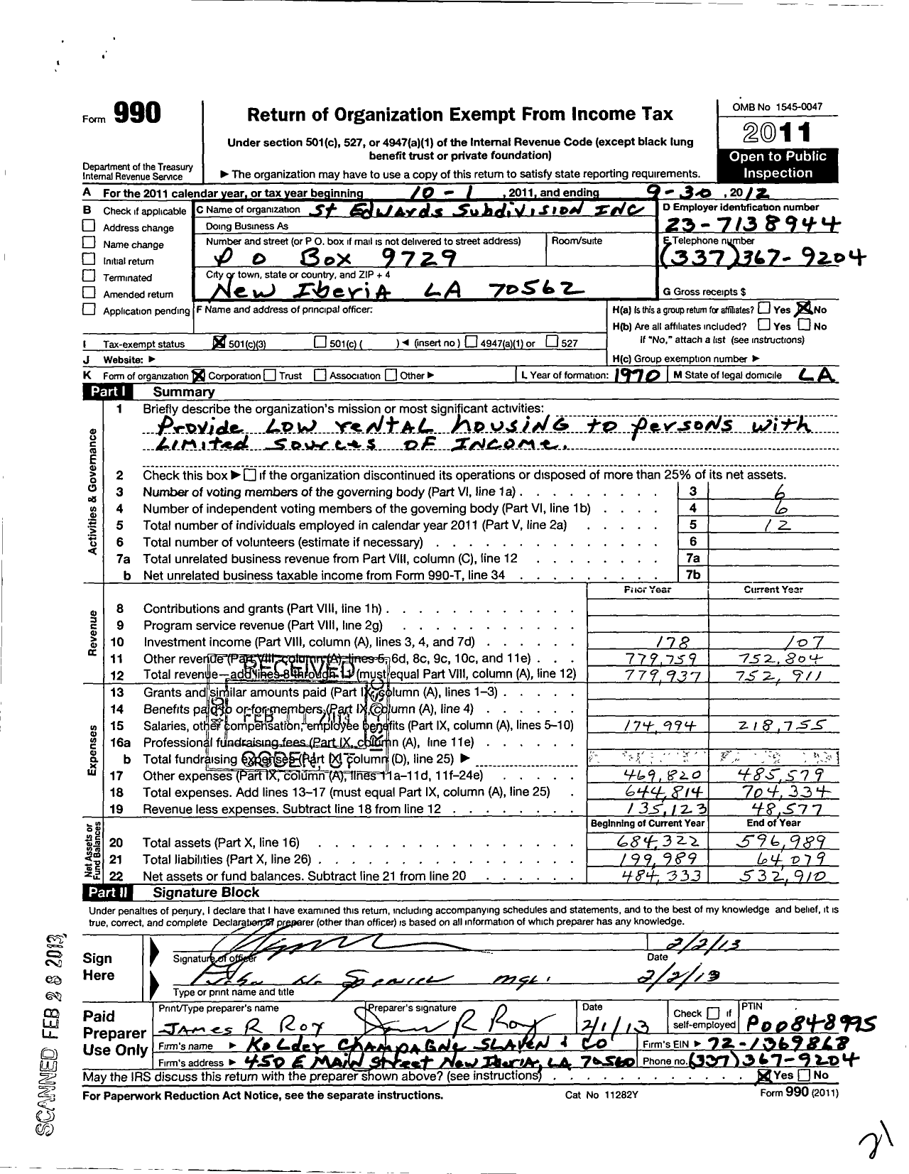 Image of first page of 2011 Form 990 for St Edwards Subdivision