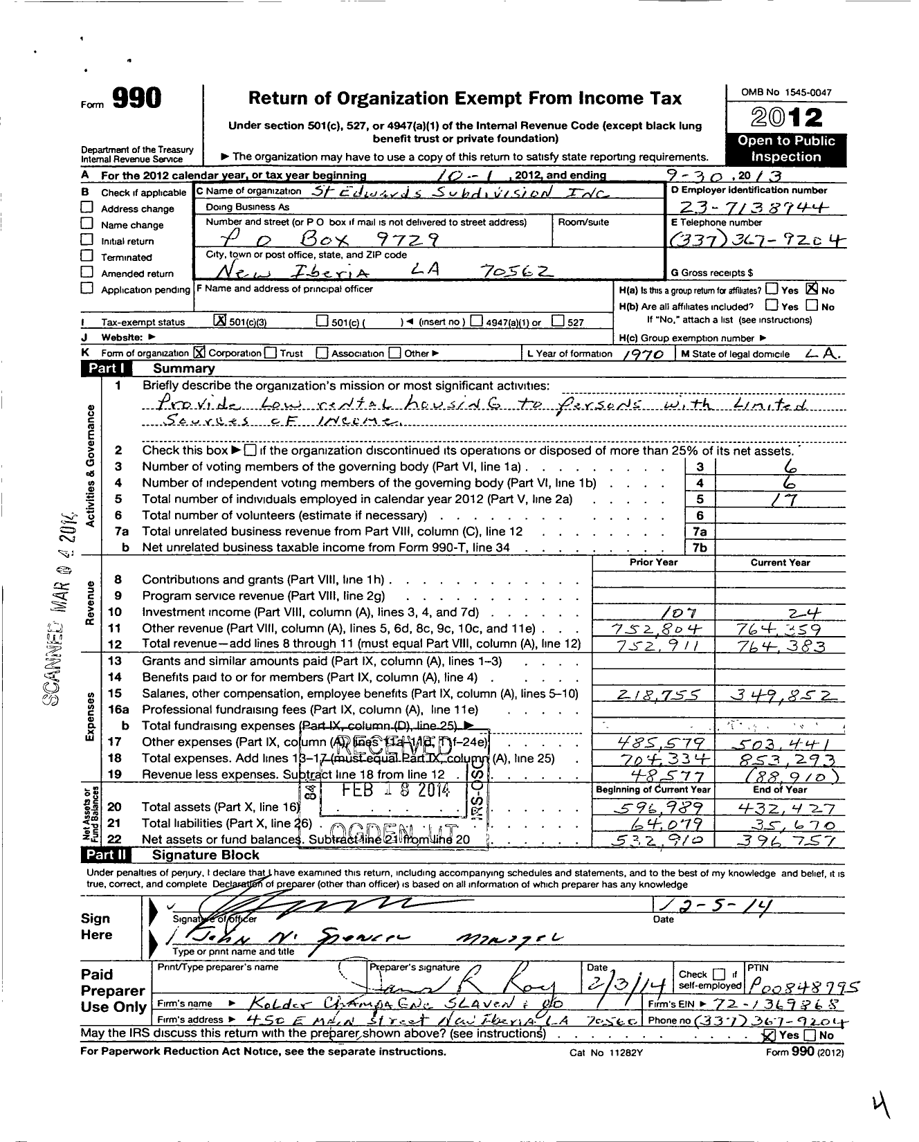 Image of first page of 2012 Form 990 for St Edwards Subdivision