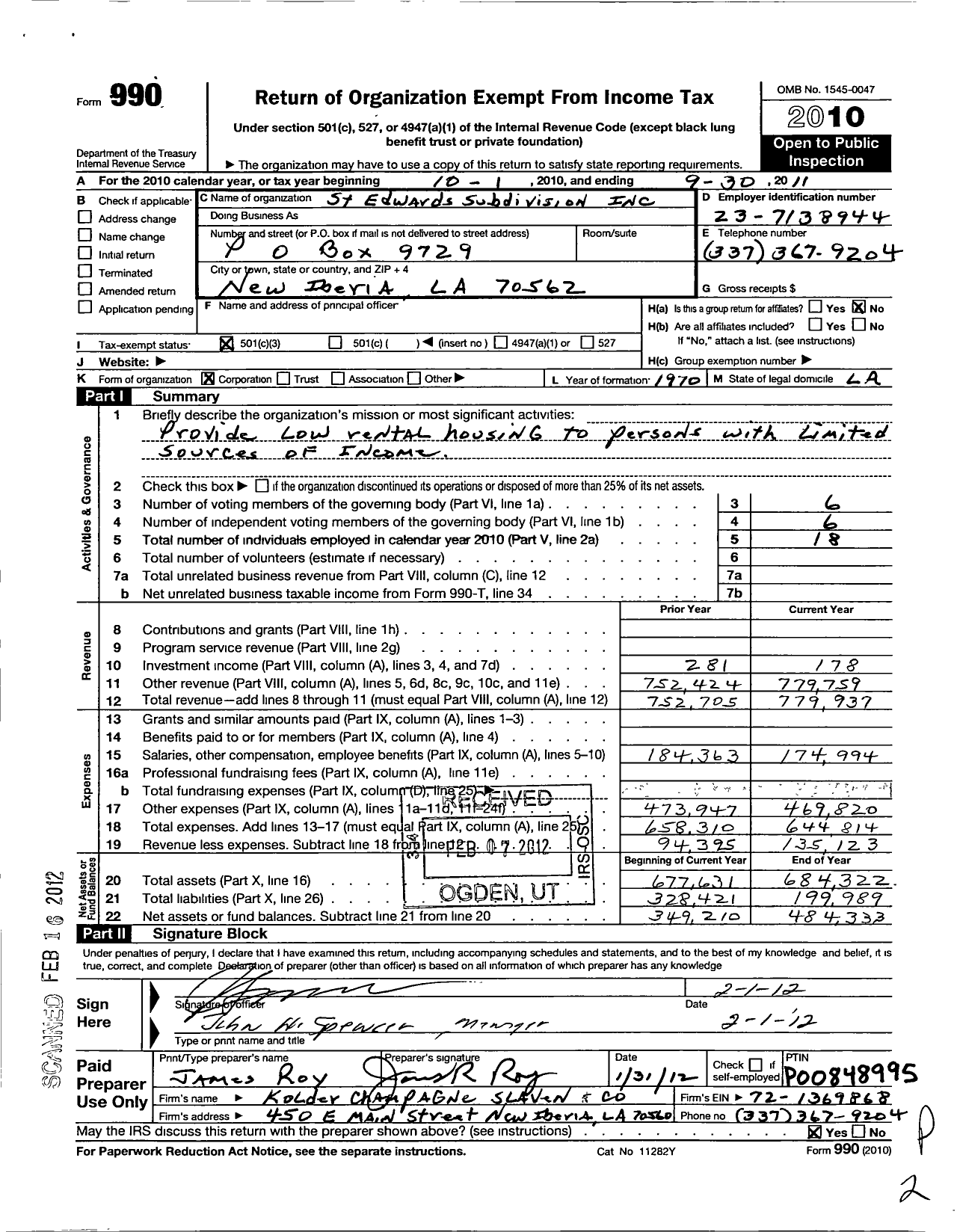 Image of first page of 2010 Form 990 for St Edwards Subdivision