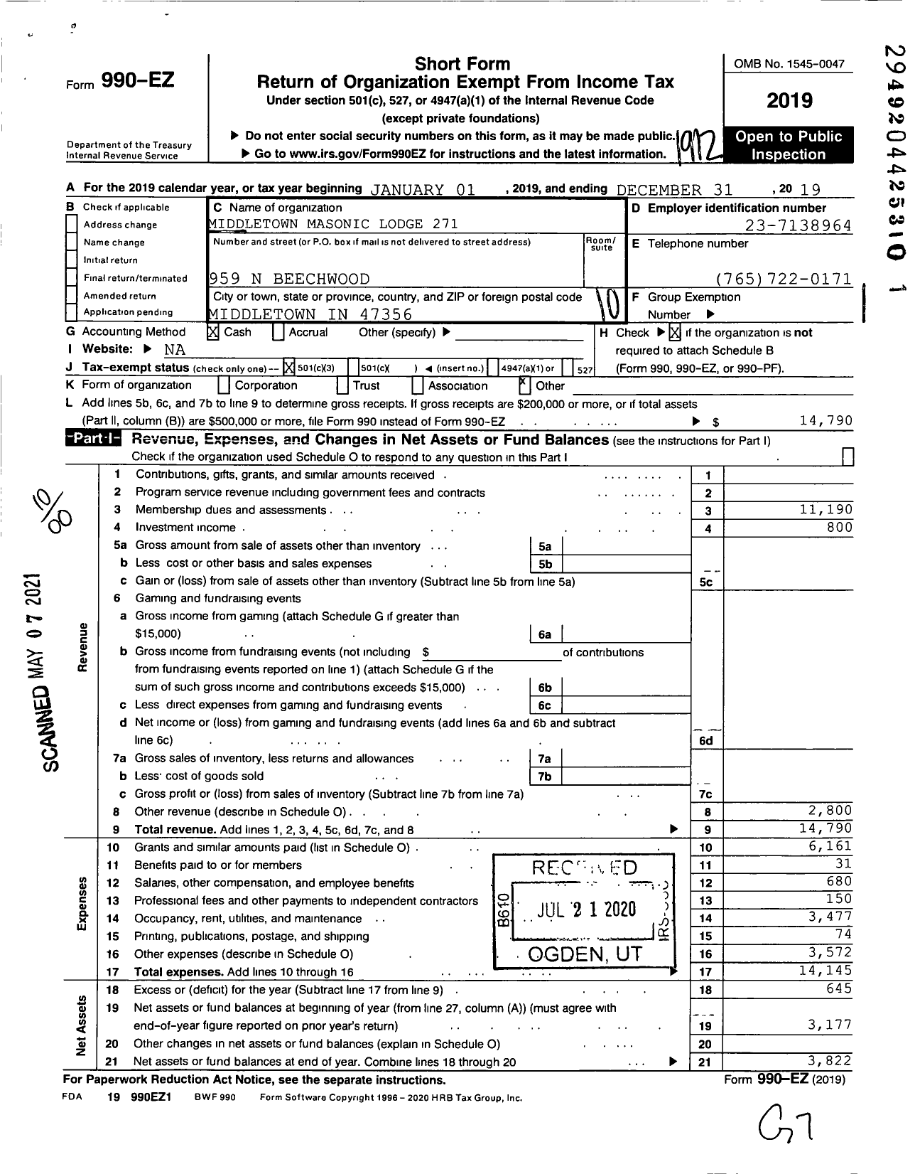 Image of first page of 2019 Form 990EO for Free & Accepted Masons of Indiana - 271 Middletown Lodge