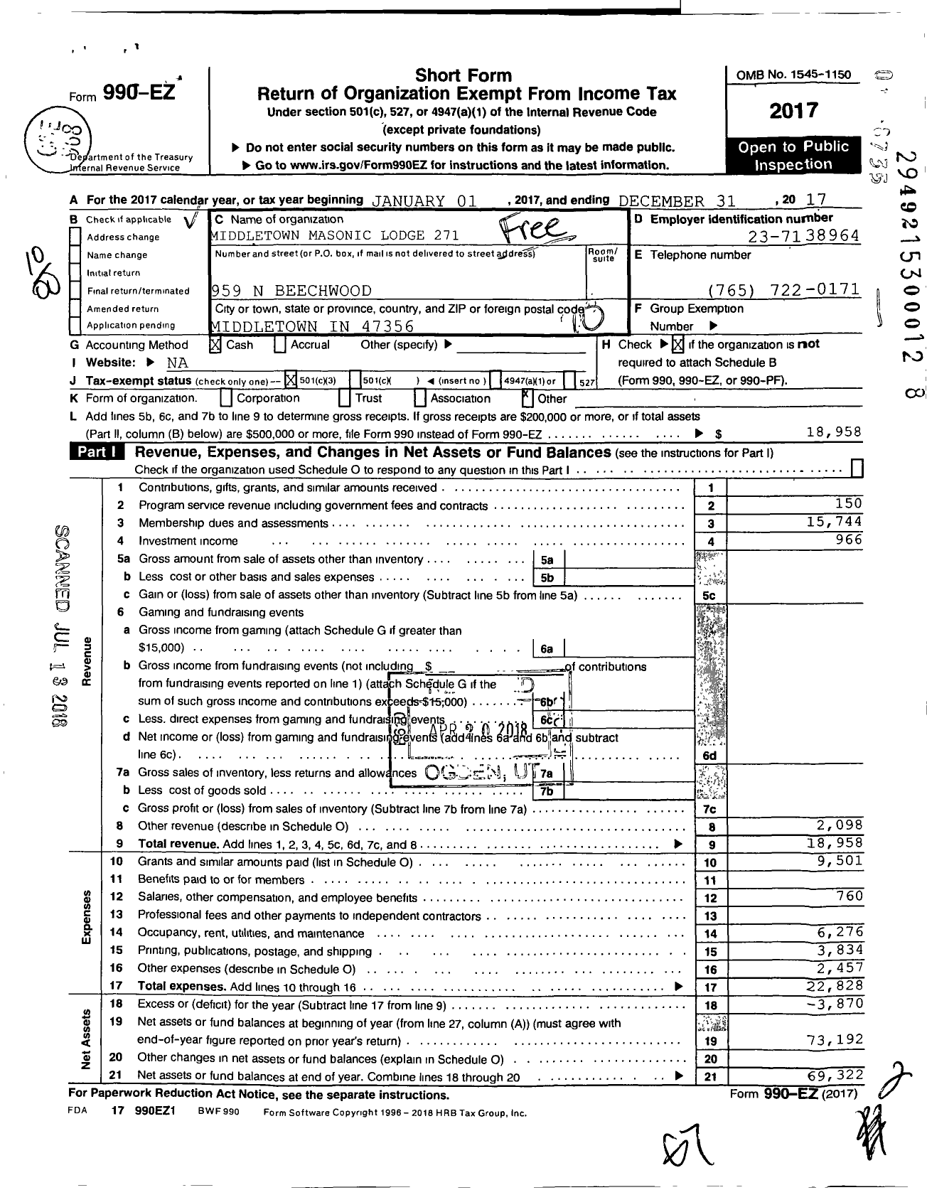 Image of first page of 2017 Form 990EO for Free & Accepted Masons of Indiana - 271 Middletown Lodge