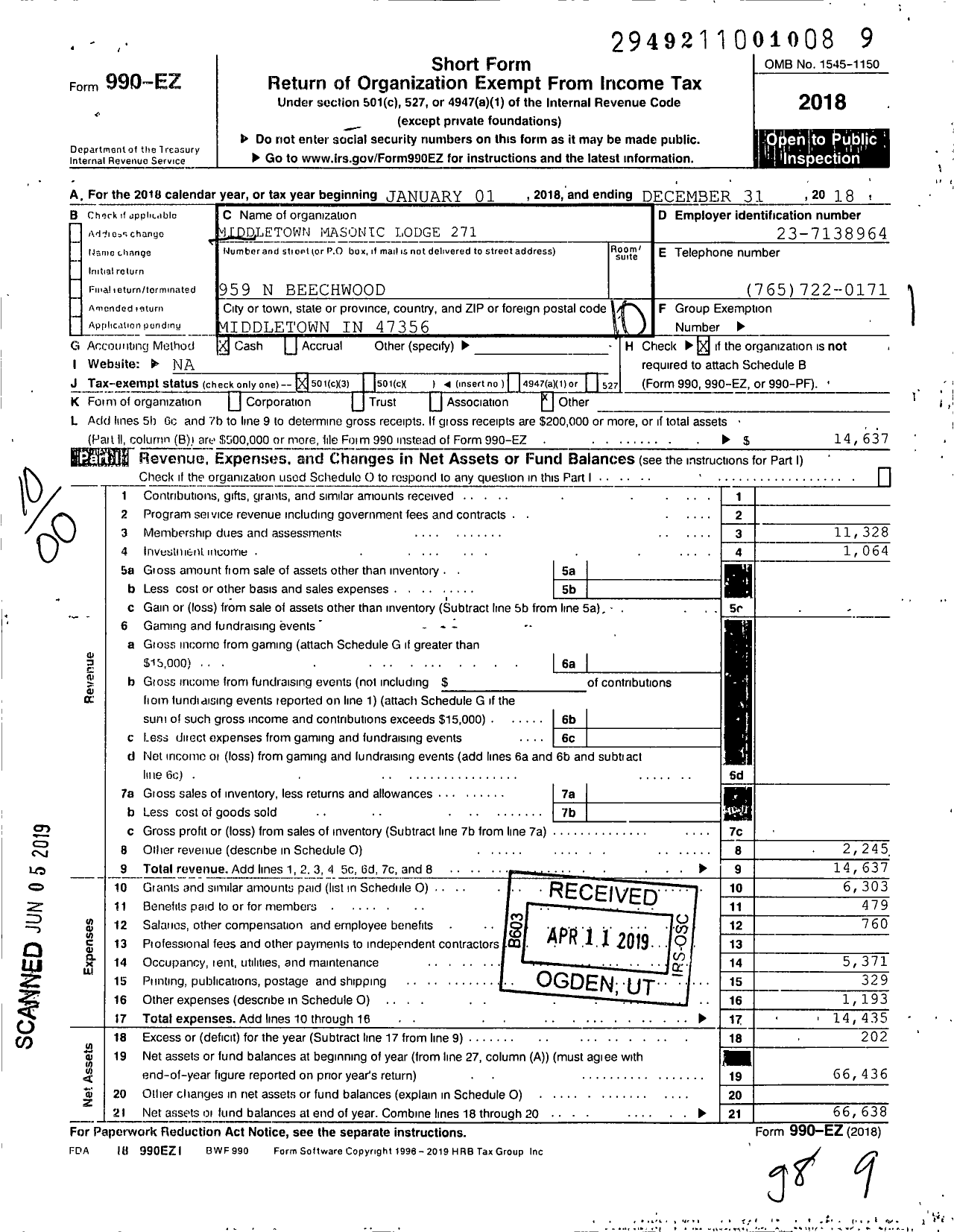 Image of first page of 2018 Form 990EO for Free & Accepted Masons of Indiana - 271 Middletown Lodge