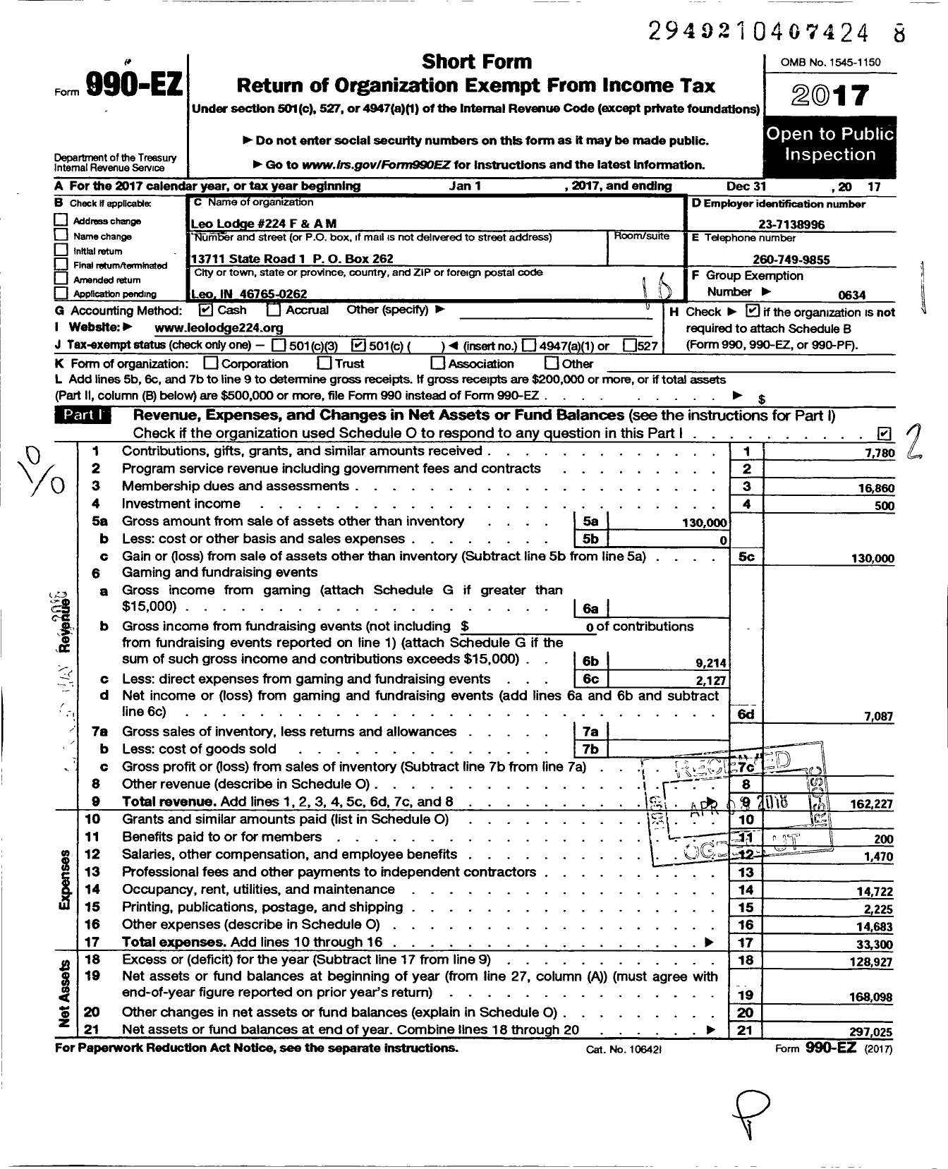 Image of first page of 2017 Form 990EO for Free & Accepted Masons of Indiana - 224 Leo Lodge