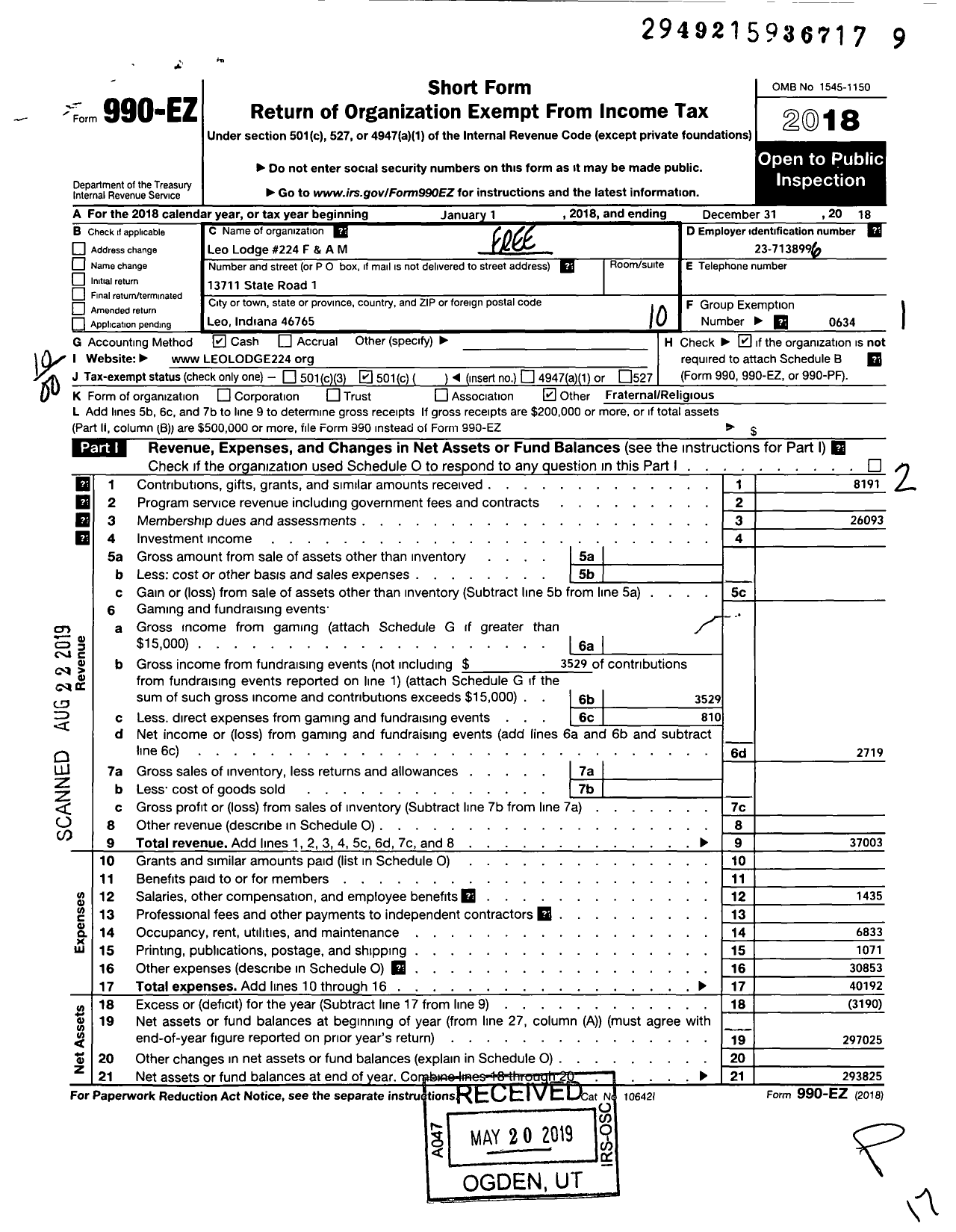 Image of first page of 2018 Form 990EO for Free & Accepted Masons of Indiana - 224 Leo Lodge