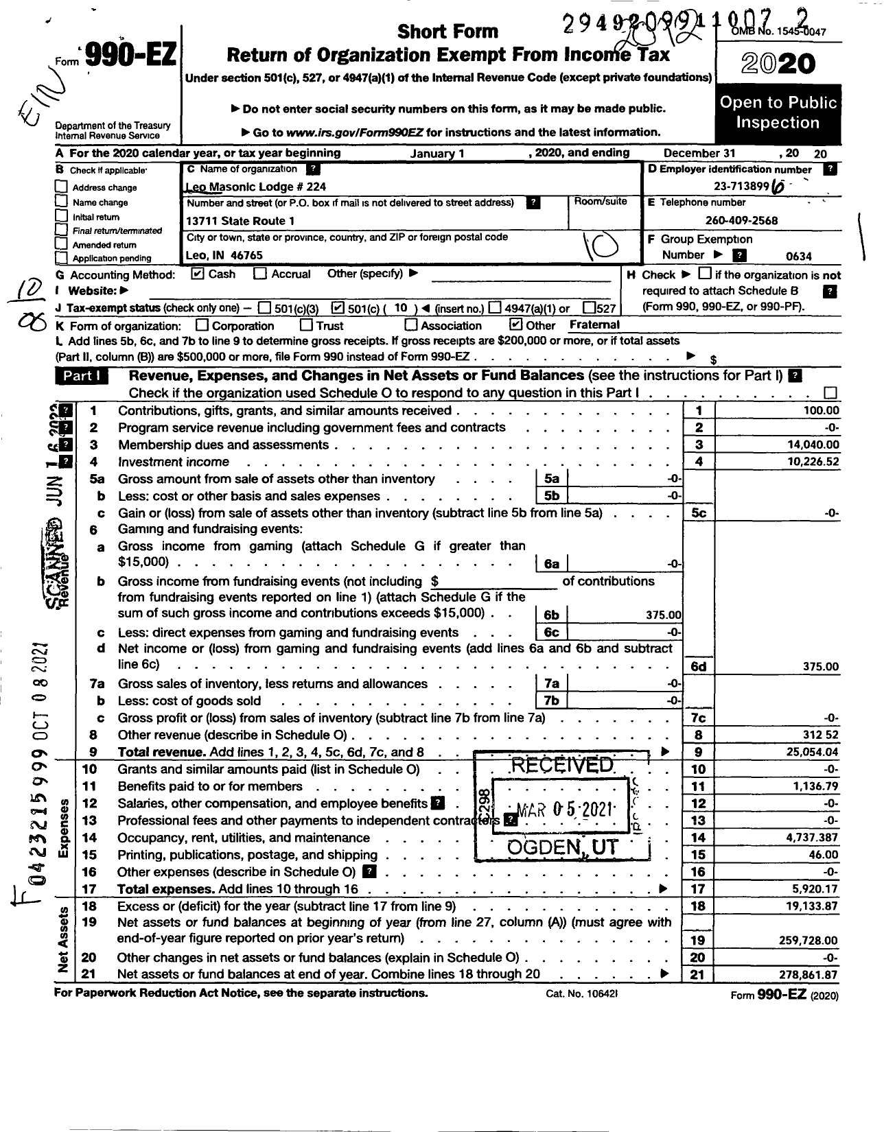 Image of first page of 2020 Form 990EO for Free & Accepted Masons of Indiana - 224 Leo Lodge